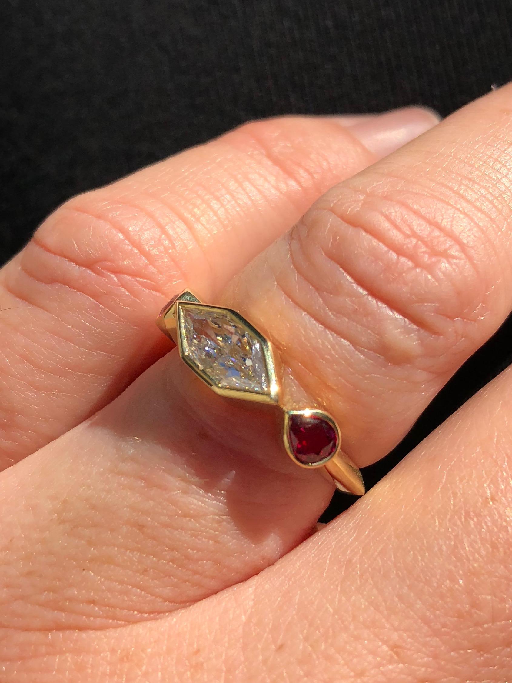 GIA Certified Duchess Cut Diamond and Gemfields Ruby 18 Karat Gold Ring In New Condition In Berkeley, CA