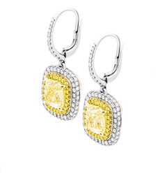 GIA Certified Earrings with 3 carat each Fancy Light Yellow Cushion Cut Diamonds