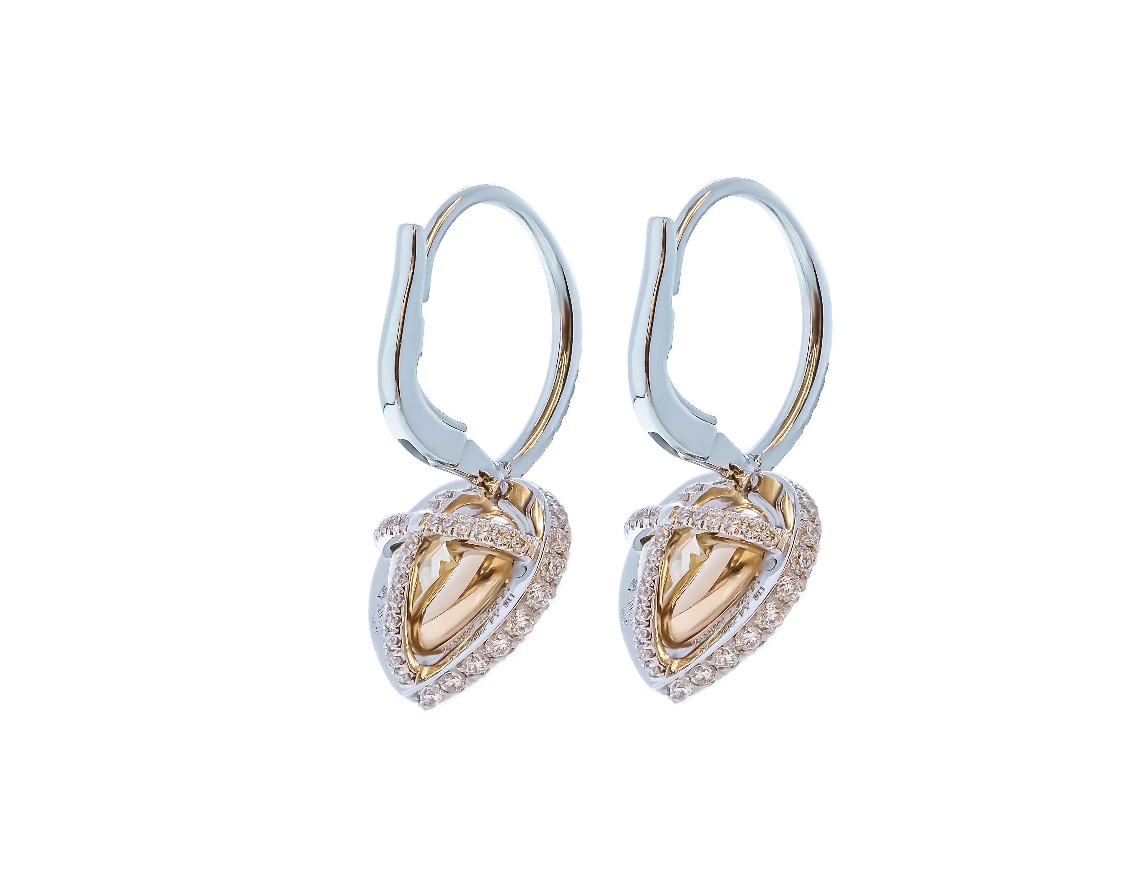 Bienvenue dans notre exquise collection de boucles d'oreilles à levier certifiées GIA en or jaune 18 carats et en platine, ornées de deux magnifiques diamants en forme de cœur GIA. Méticuleusement fabriquées à la perfection, ces boucles d'oreilles