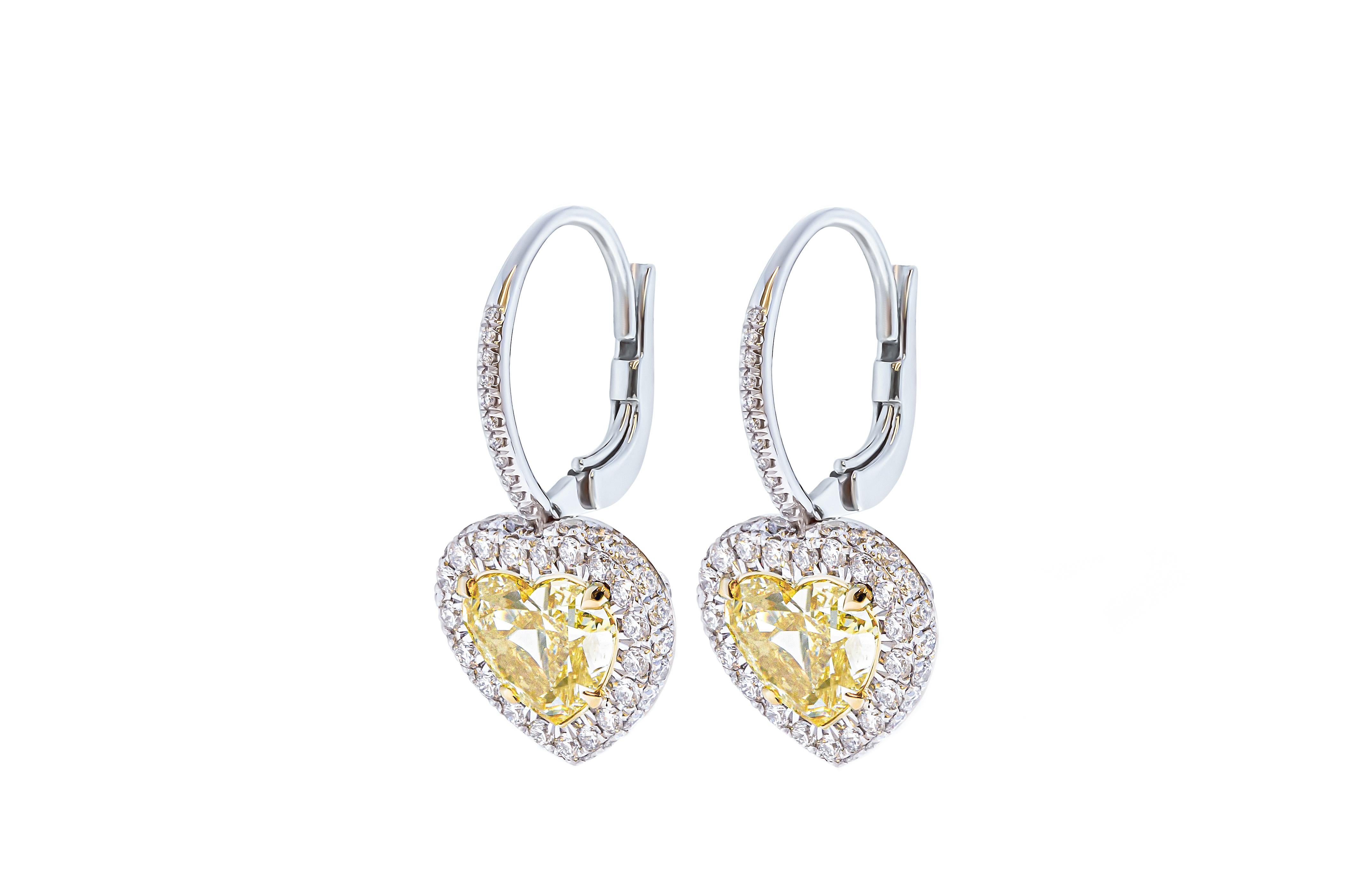 Heart Cut GIA Certified Earrings with Fancy Yellow Heart Shape Diamonds For Sale