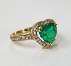 GIA Certified Emerald 18 Karat Yellow Gold Heart Shape Emerald Diamond Halo Ring