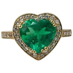 GIA Certified Emerald 18 Karat Yellow Gold Heart Shape Emerald Diamond Halo Ring