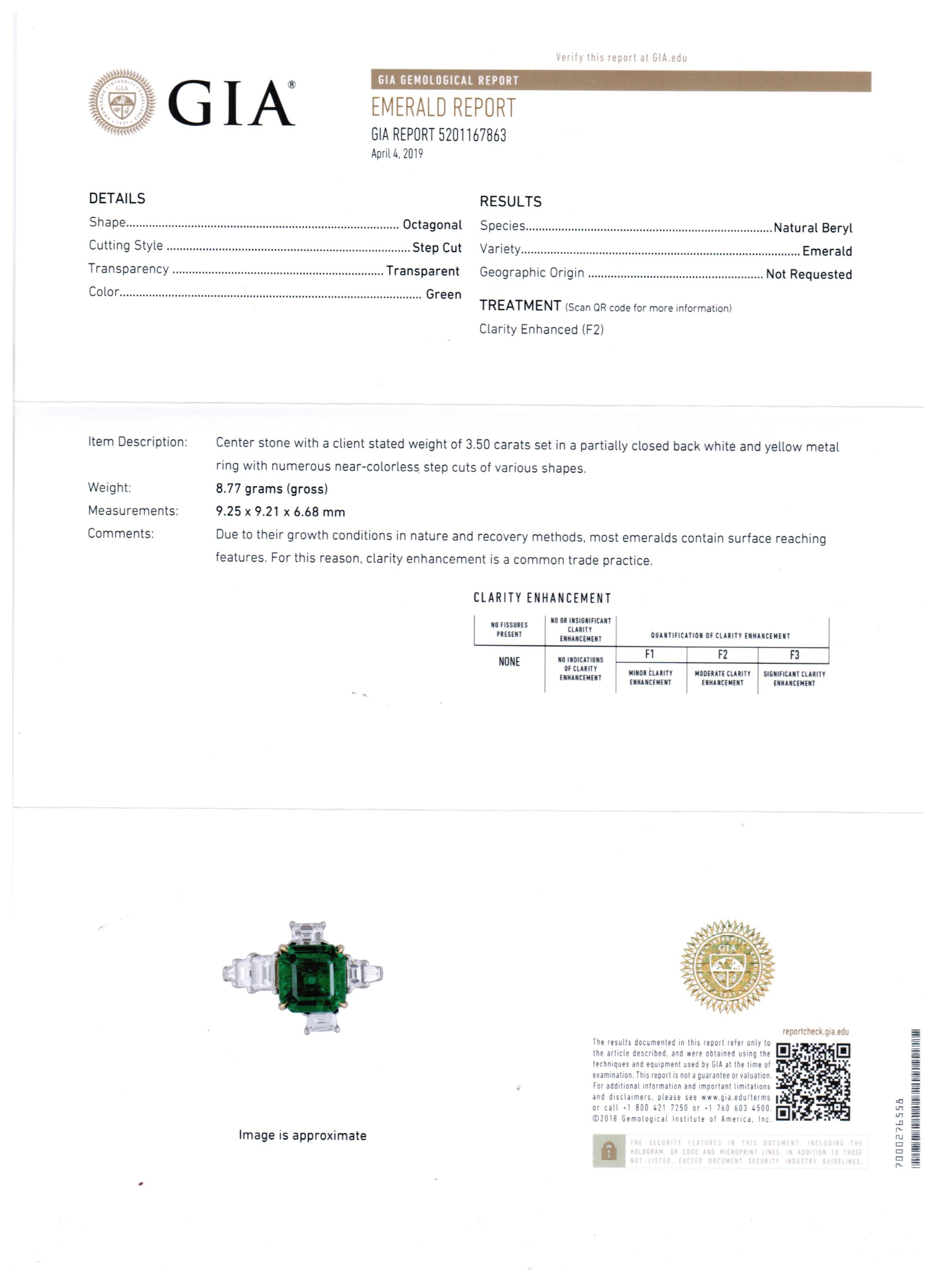 GIA Certified Emerald 3.50 Carat Diamond Asymmetrical Fashion Cocktail Gold Ring 7