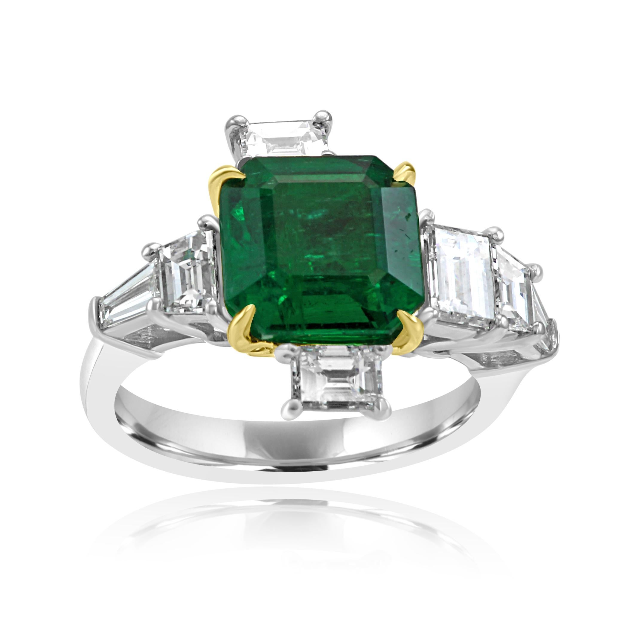 Emerald Cut GIA Certified Emerald 3.50 Carat Diamond Asymmetrical Fashion Cocktail Gold Ring