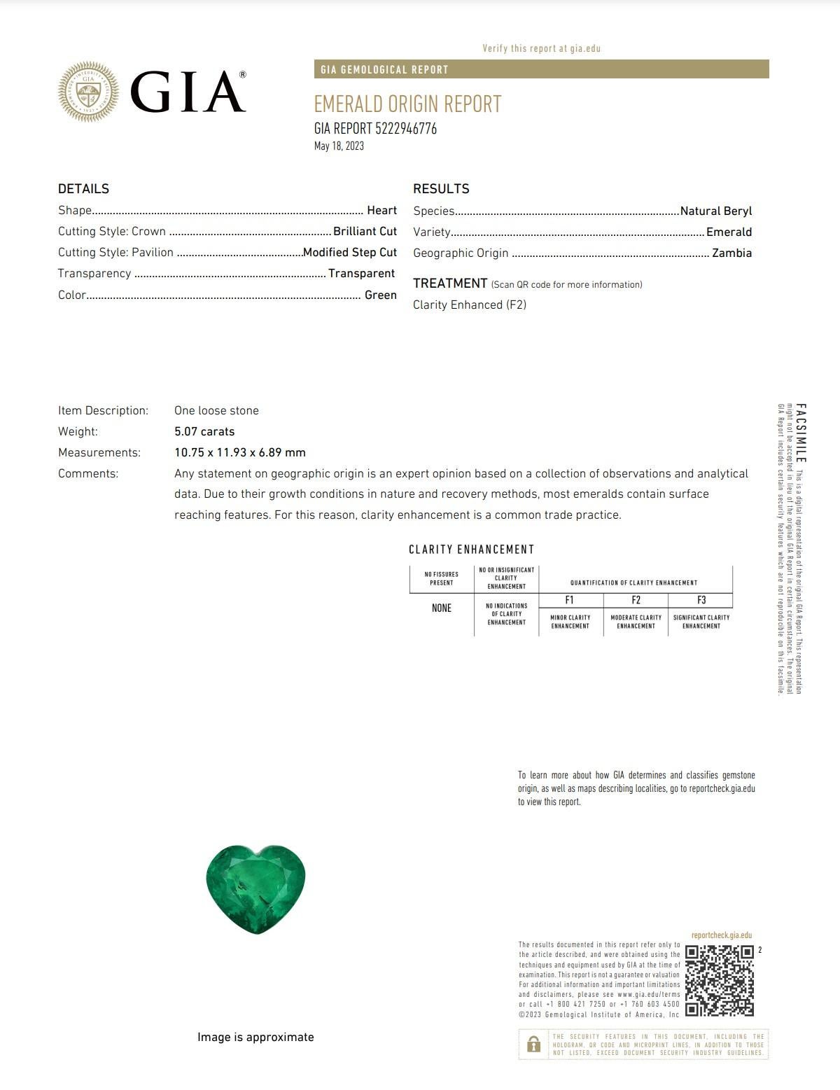 GIA certified heart shape emerald.

Very rare and exceptional vivid green emerald, cut in the shape of a heart. This gemstone has been carved with very well proportions and have great intense color saturation. Emeralds with this quality with a