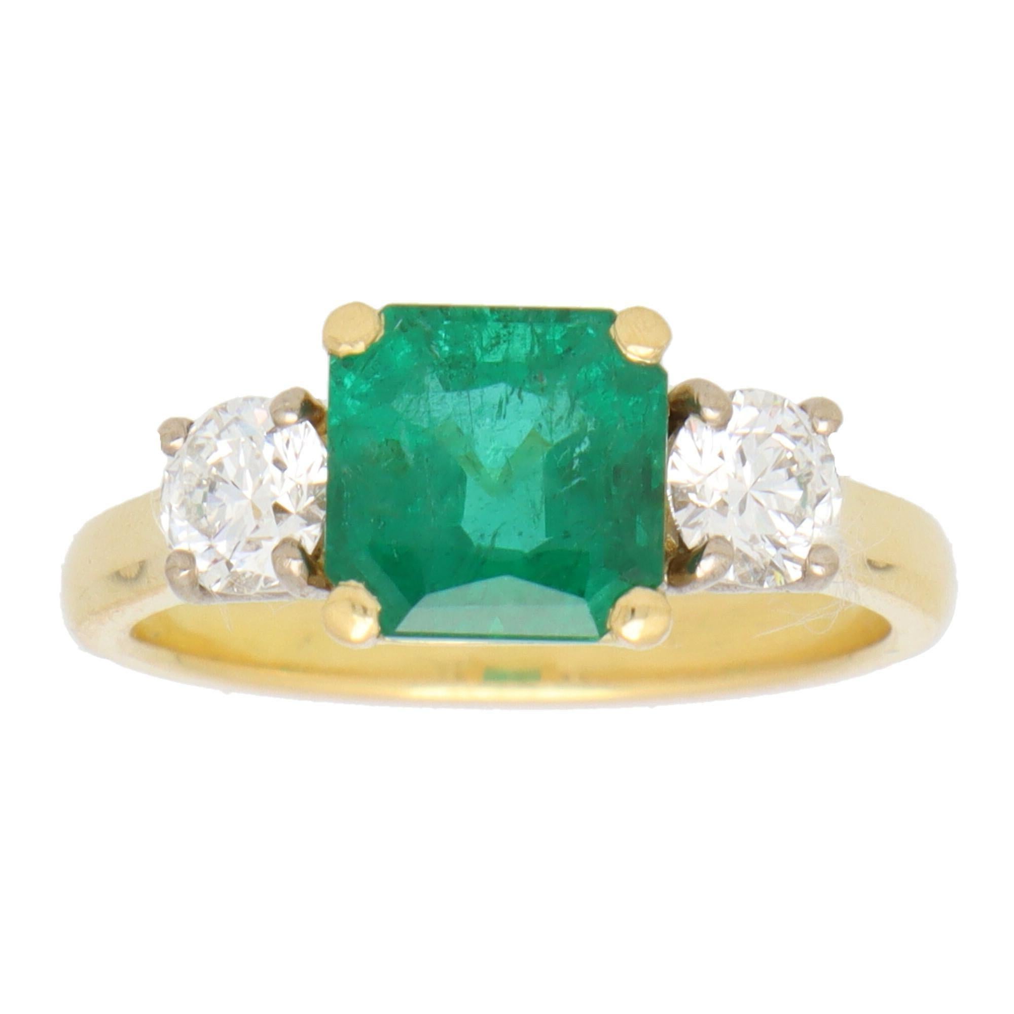 Square Cut GIA Certified Emerald and Diamond Three Stone Ring in 18k Yellow Gold For Sale