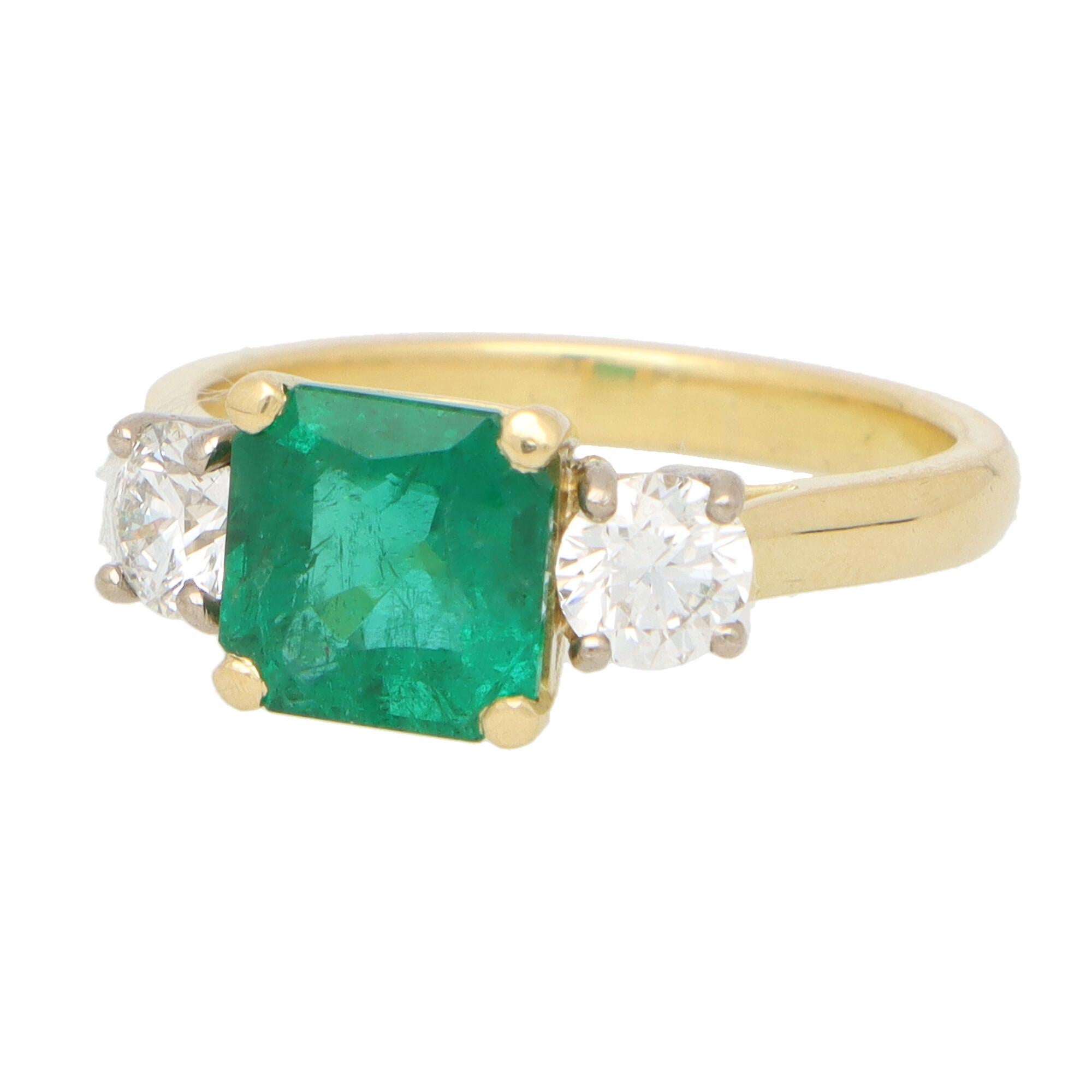 Square Cut GIA Certified Emerald and Diamond Three Stone Ring in 18k Yellow Gold For Sale