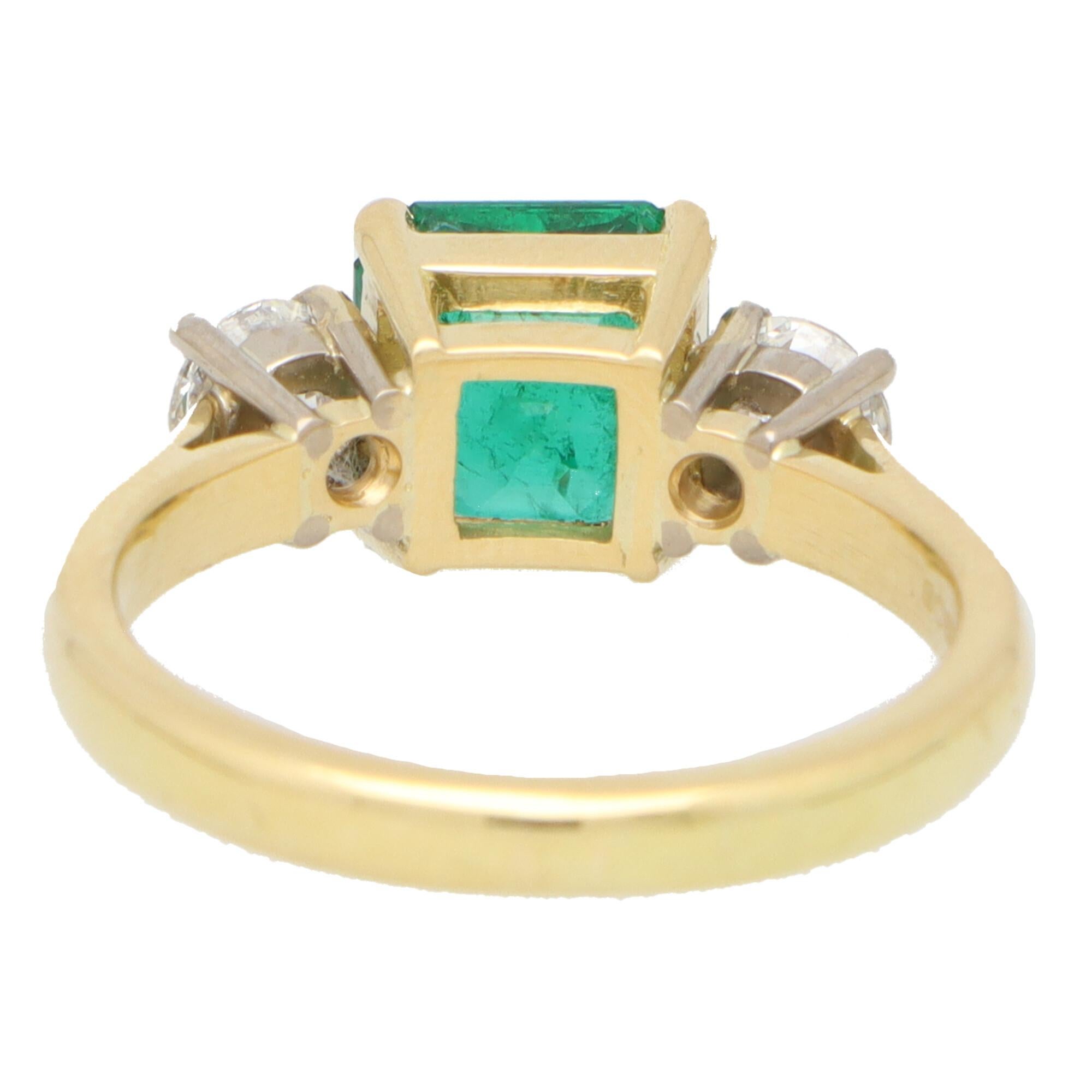 Square Cut GIA Certified Emerald and Diamond Three Stone Ring in 18k Yellow Gold For Sale