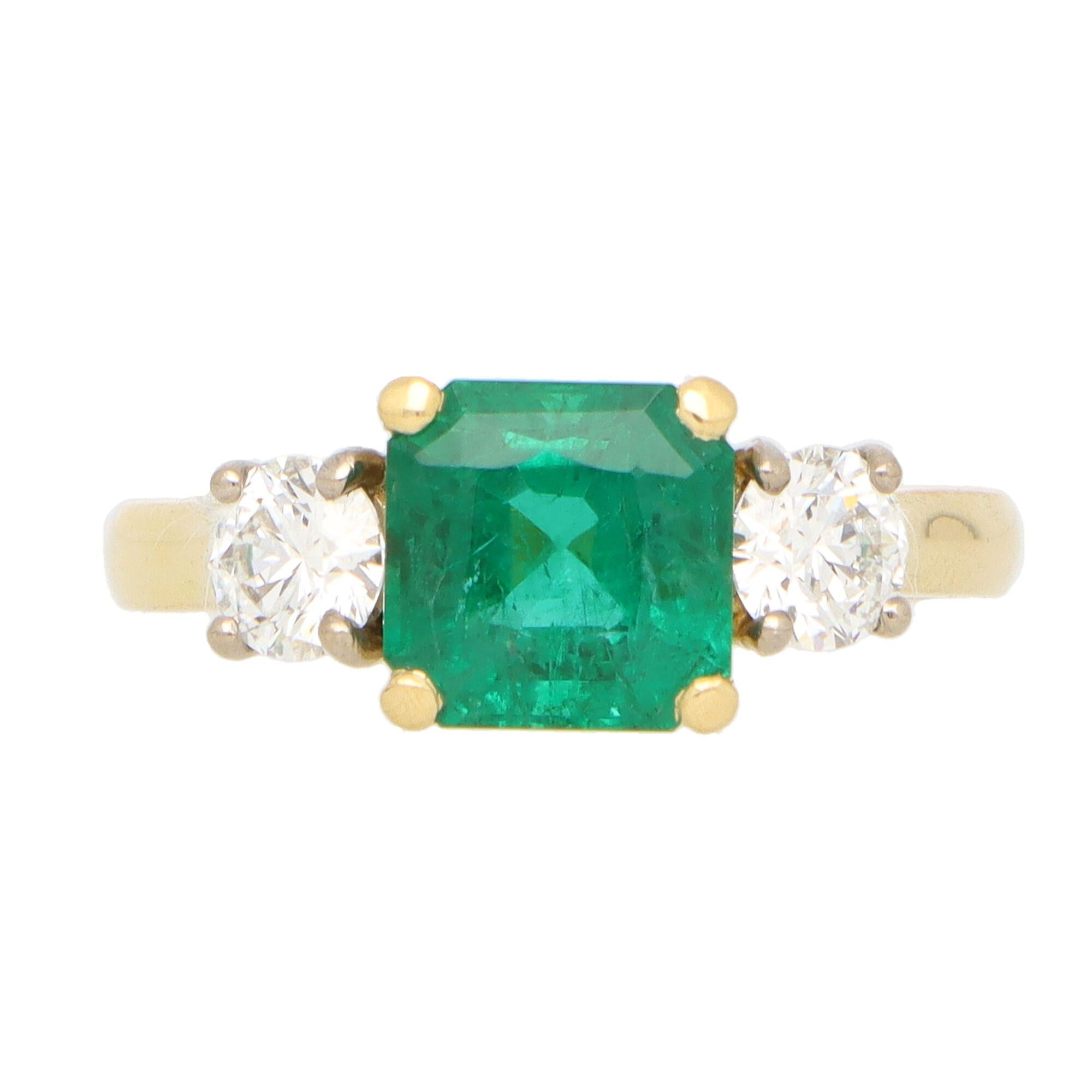 GIA Certified Emerald and Diamond Three Stone Ring in 18k Yellow Gold