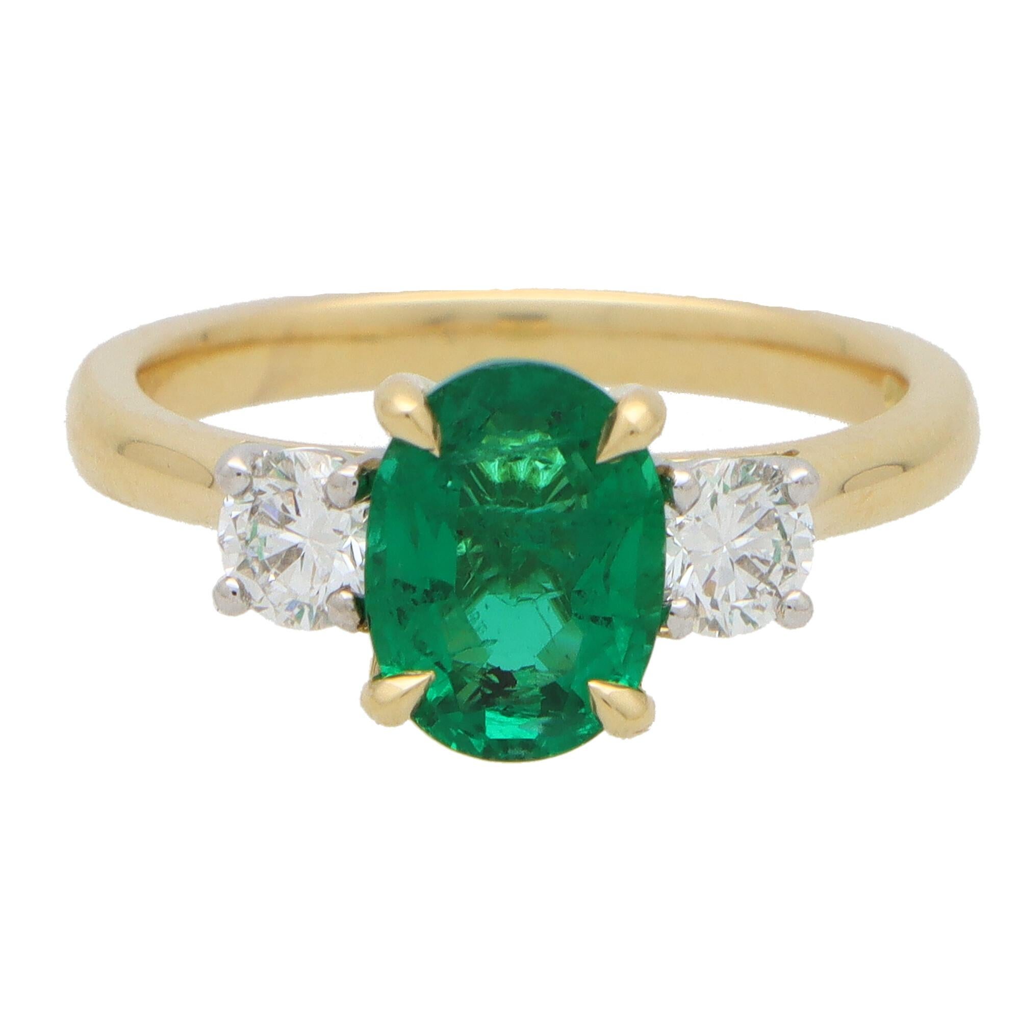 Oval Cut GIA Certified Emerald and Diamond Three Stone Ring Set in 18k Yellow Gold