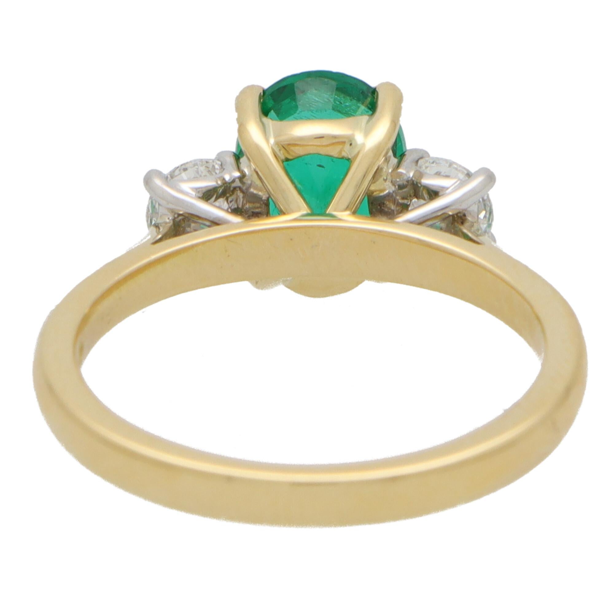 GIA Certified Emerald and Diamond Three Stone Ring Set in 18k Yellow Gold In New Condition In London, GB