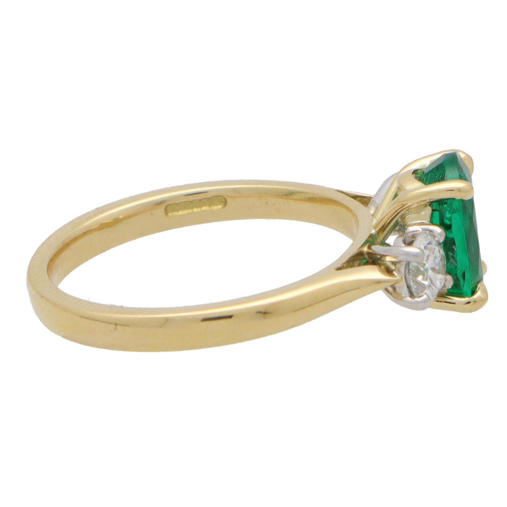Women's or Men's GIA Certified Emerald and Diamond Three Stone Ring Set in 18k Yellow Gold