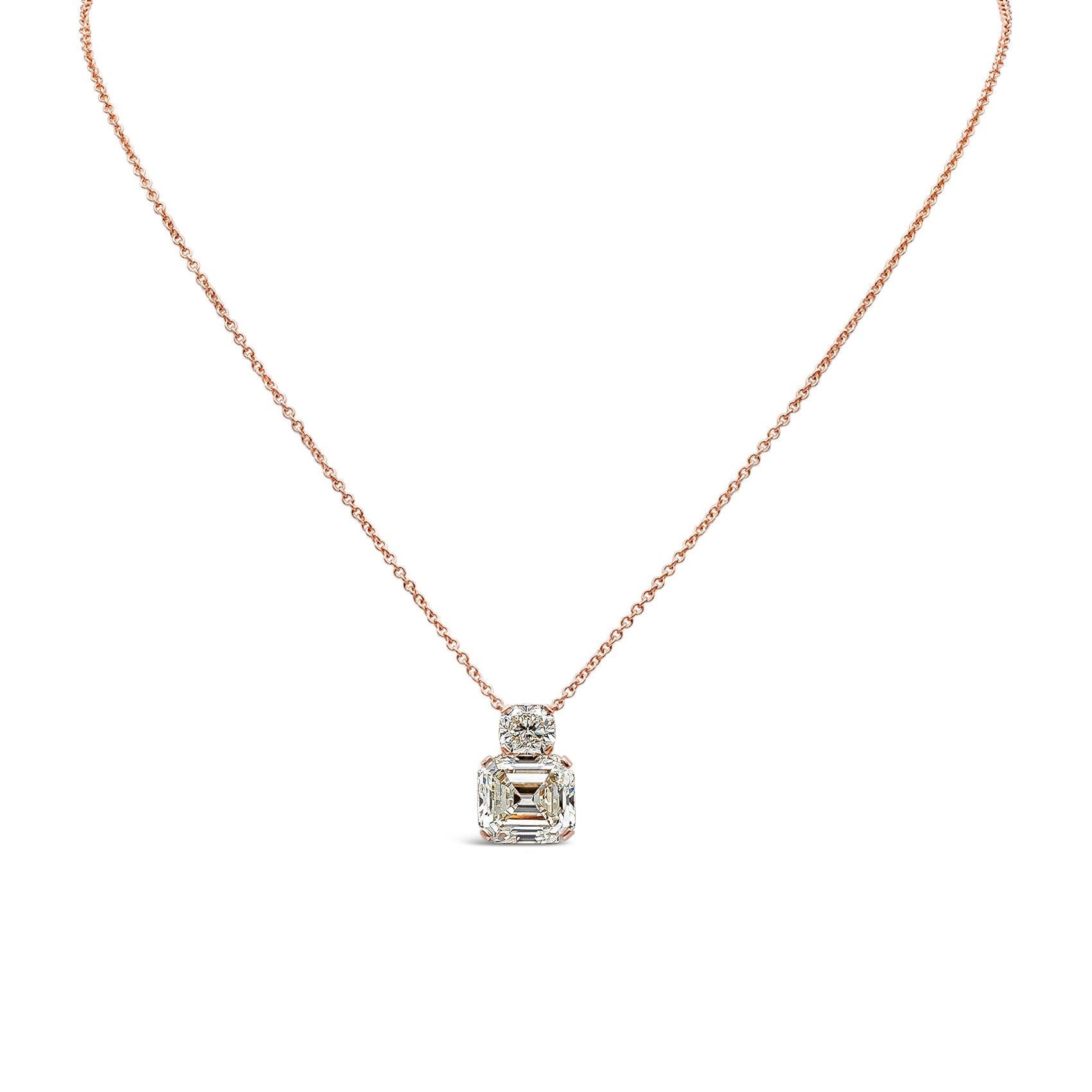 Well crafted high end pendant necklace showcasing GIA certified mixed emerald and radiant cut diamonds, N color and VS2 in clarity, elegantly suspended with each other. Emerald cut weighs 7.81 carats and the radiant cut diamond weighs 1.45 carats.