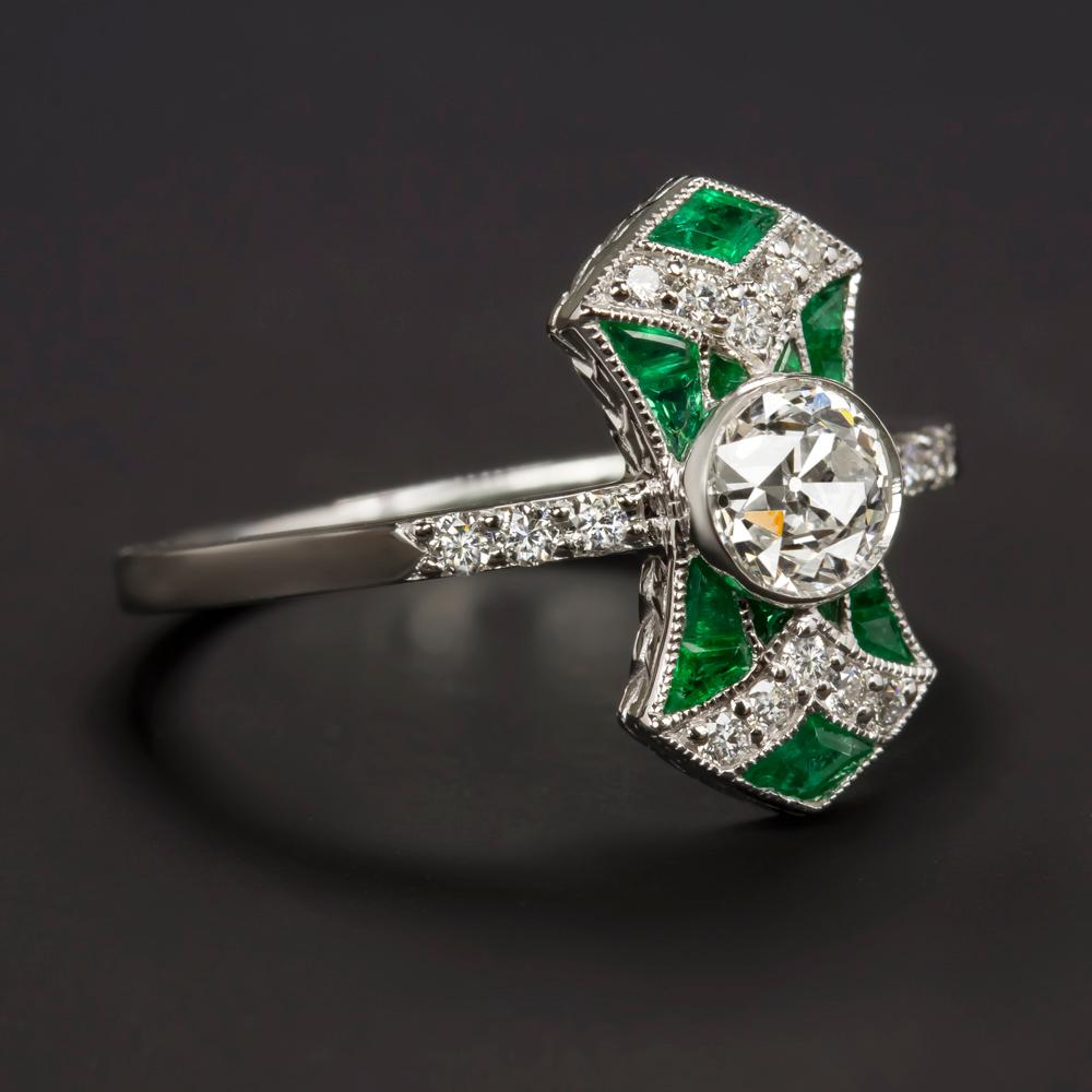 GIA Certified Emerald Art Deco Ring Diamond Old Mine European Cut 6
