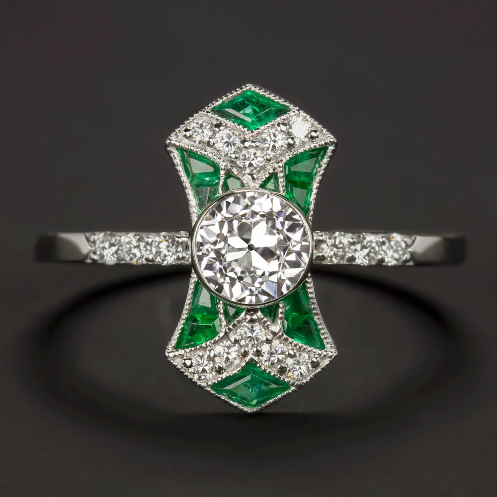 GIA Certified Emerald Art Deco Ring Diamond Old Mine European Cut 7