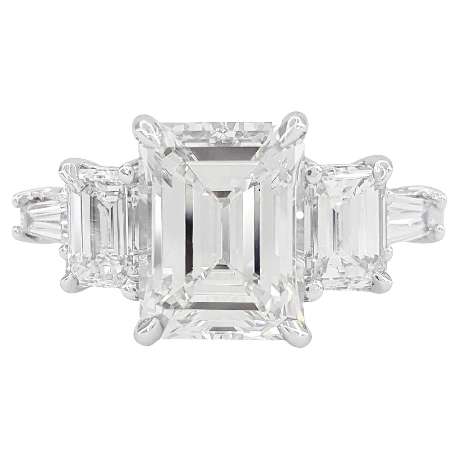 GIA Certified Emerald & Baguette Cut Diamond Platinum Engagement Platinum Ring For Sale