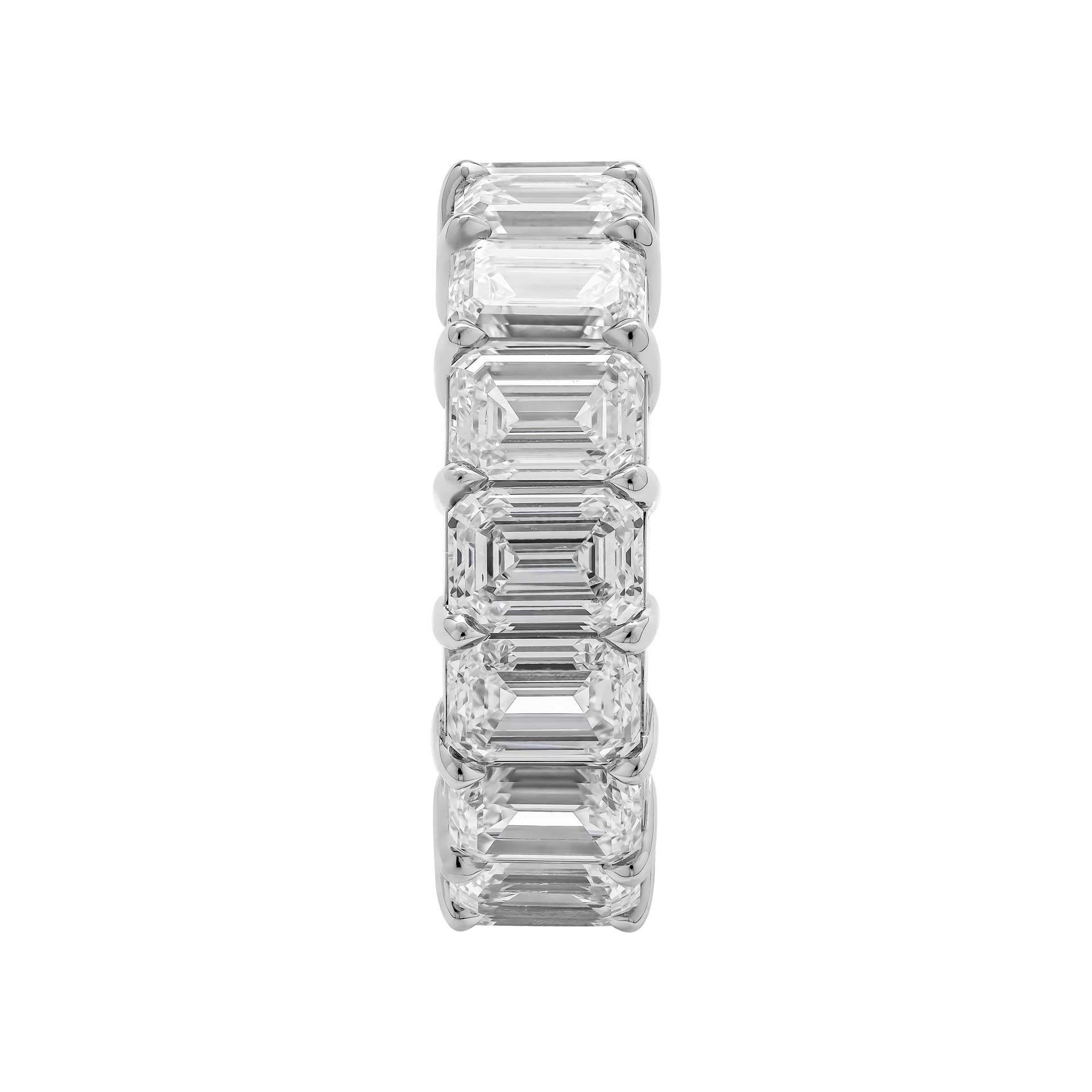 Emerald cut eternity band in PT950; 
16 stones (11.68ct) .70ct each
Size 6
All GIAs:
0.74CT E VVS1 GIA#2215926237 
0.74CT E VVS1 GIA#1226068060 
0.70CT F VVS1 GIA#6217948974 
0.78CT F VVS1 GIA#2213831592 
0.70CT G VVS1 GIA#5221035375 
0.74CT G VVS1