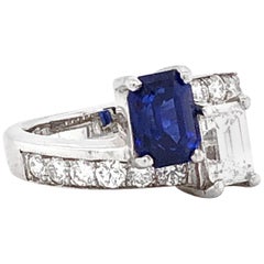 GIA Certified Pair of Emerald Cut Ceylon Sapphire and Diamond Platinum Ring