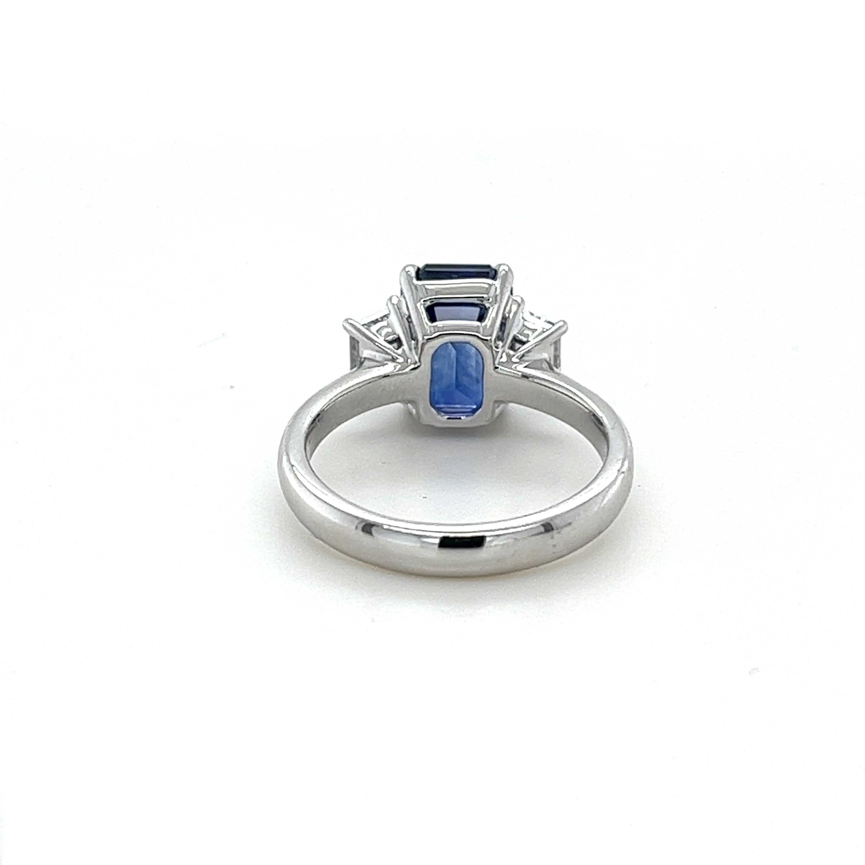 Modern GIA Certified Emerald Cut Ceylon Sapphire & Diamond Ring in Platinum For Sale