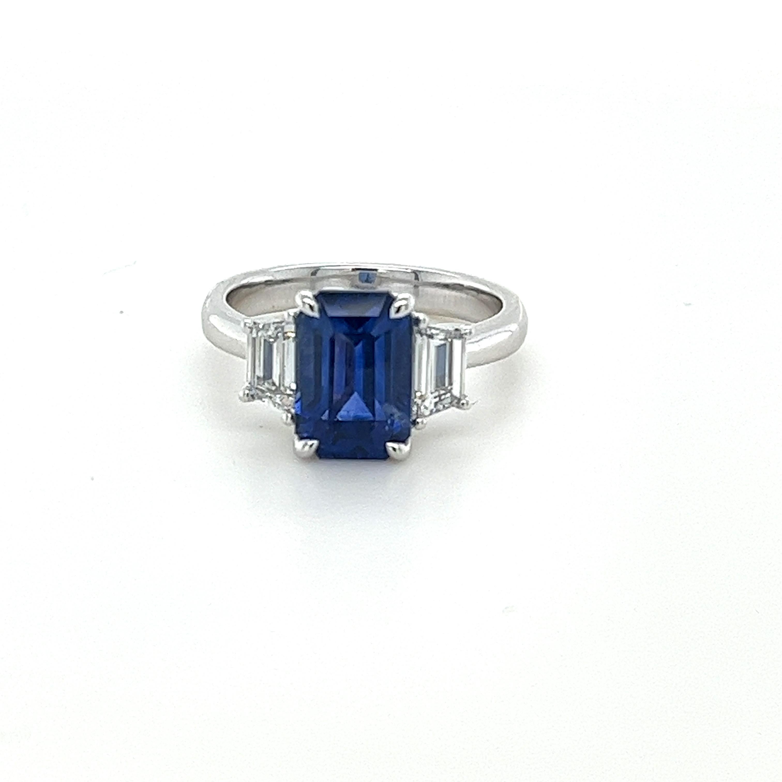 GIA Certified Emerald Cut Ceylon Sapphire & Diamond Ring in Platinum In New Condition For Sale In Great Neck, NY