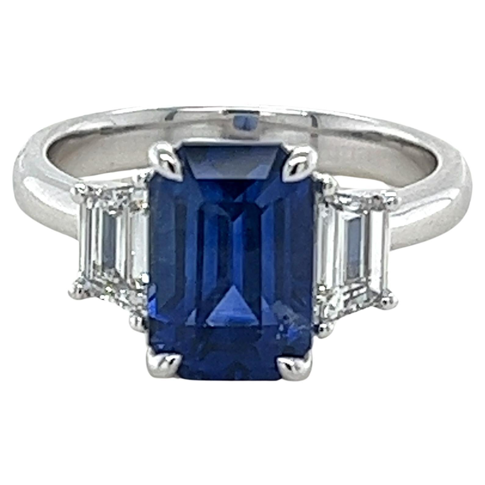 GIA Certified Emerald Cut Ceylon Sapphire & Diamond Ring in Platinum For Sale