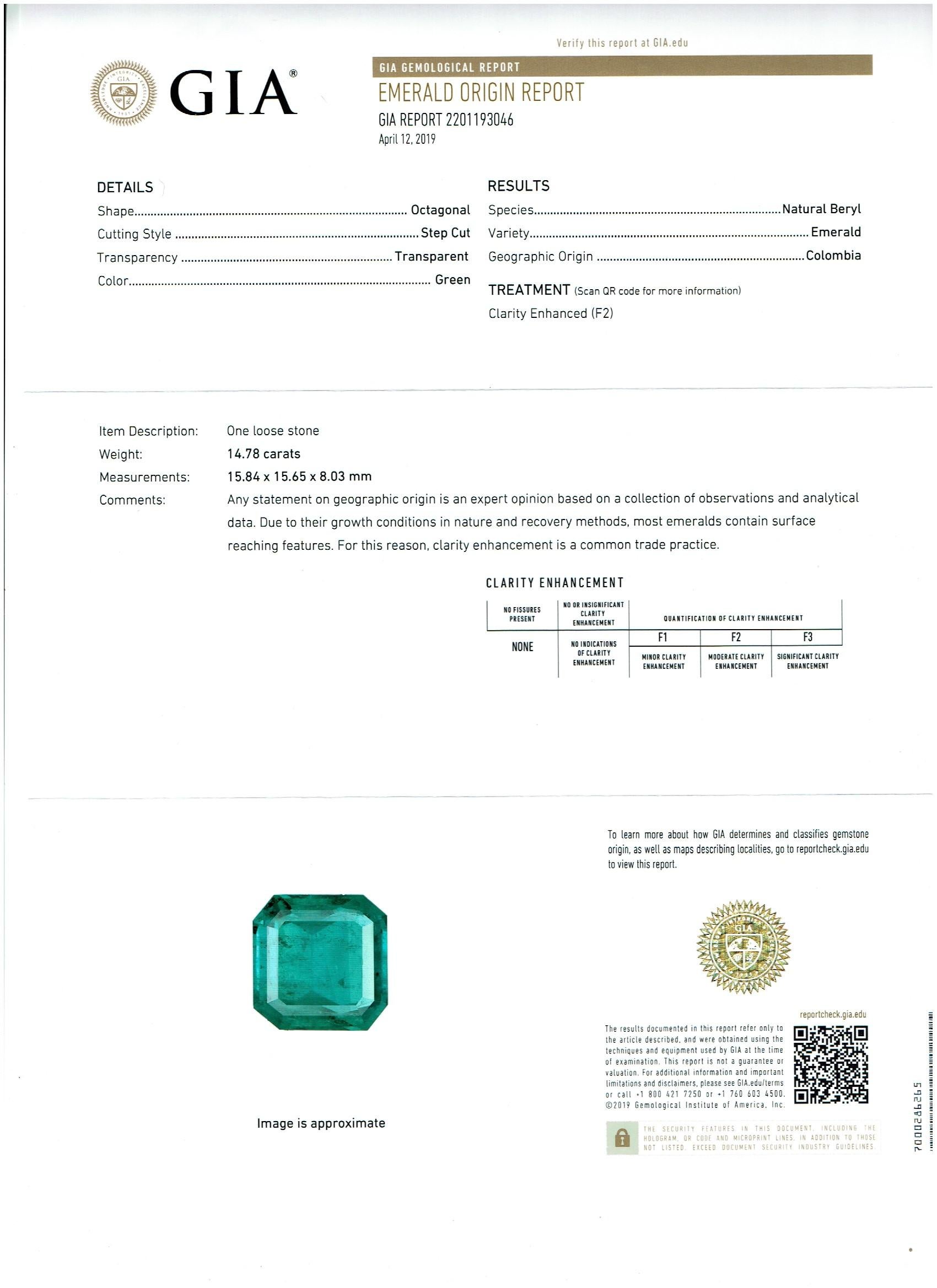  GIA  Certified 16 Ct Emerald Cut Colombian Emerald & Diamond  Necklace Platinum In Excellent Condition For Sale In New York, NY