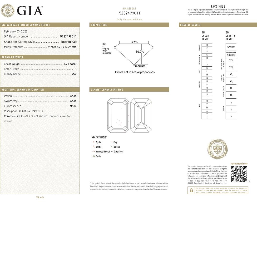 GIA-zertifizierter Diamant im Smaragdschliff 3,21 Karat im Angebot 2