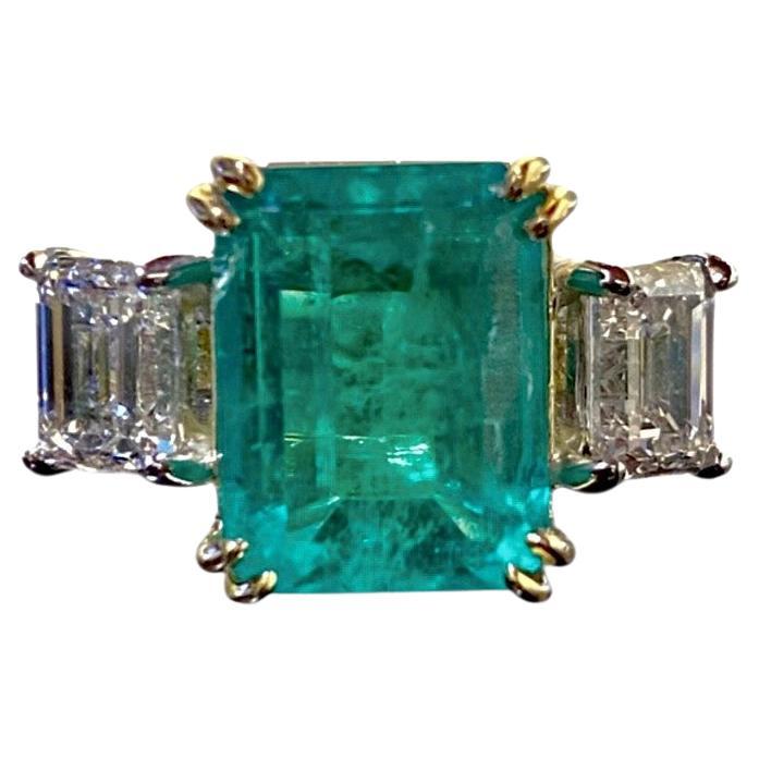 GIA Certified Emerald Cut Diamond 5.43 Carat Colombian Emerald Engagement Ring For Sale