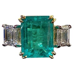 GIA Certified Emerald Cut Diamond 5.43 Carat Colombian Emerald Engagement Ring