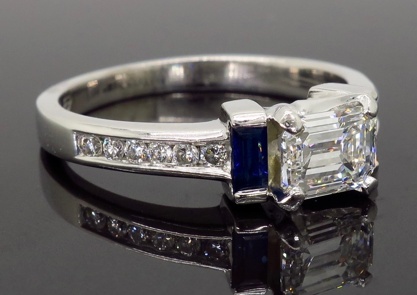 GIA Certified Emerald Cut Diamond and Blue Sapphire Platinum Engagement Ring 6