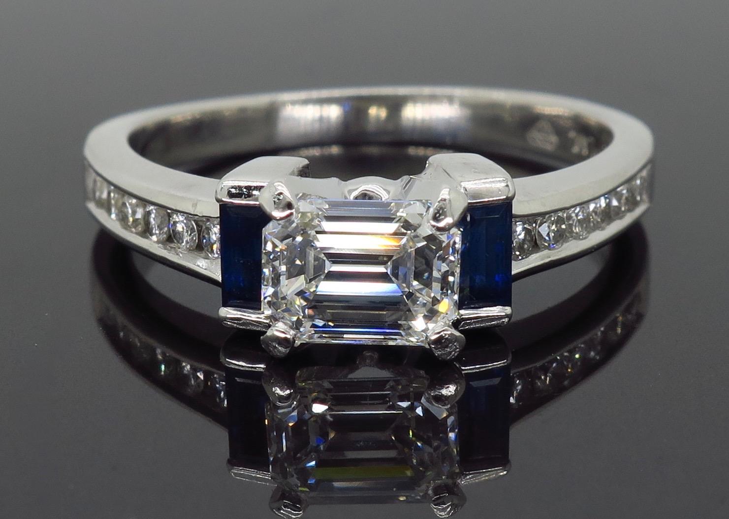 GIA Certified Emerald Cut Diamond and Blue Sapphire Platinum Engagement Ring 7