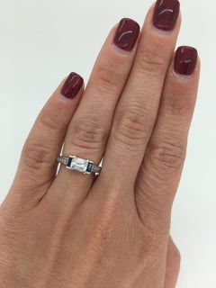 GIA Certified Emerald Cut Diamond and Blue Sapphire Platinum Engagement Ring