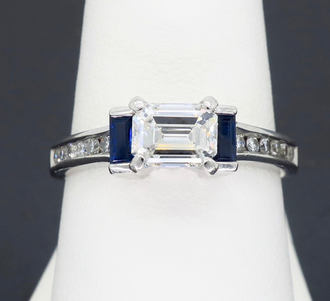 GIA Certified Emerald Cut Diamond and Blue Sapphire Platinum Engagement Ring In Excellent Condition In Webster, NY