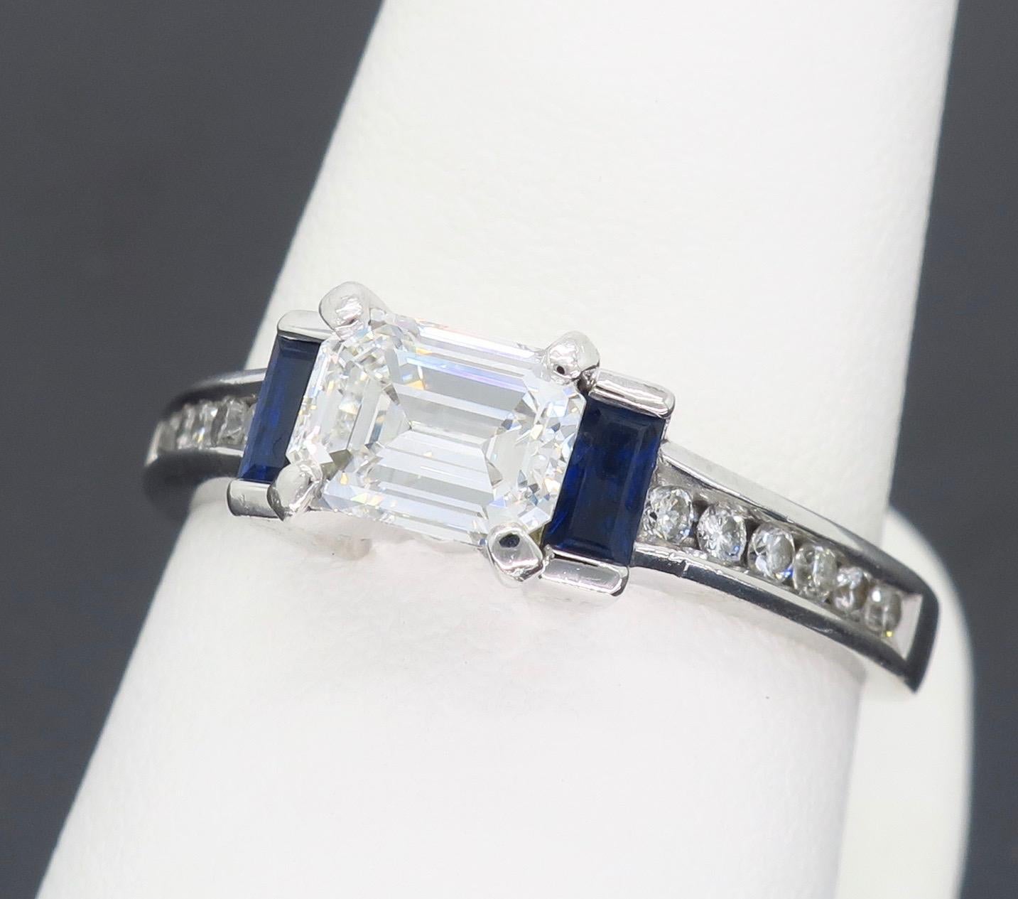 Women's or Men's GIA Certified Emerald Cut Diamond and Blue Sapphire Platinum Engagement Ring