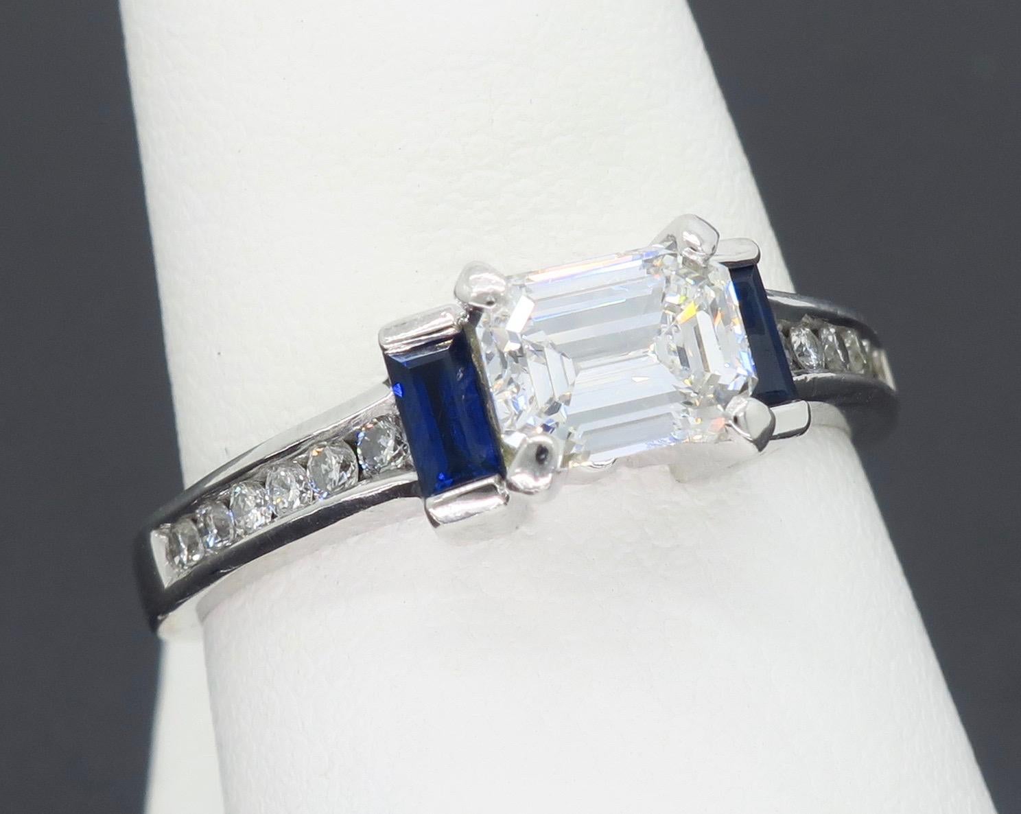 GIA Certified Emerald Cut Diamond and Blue Sapphire Platinum Engagement Ring 1