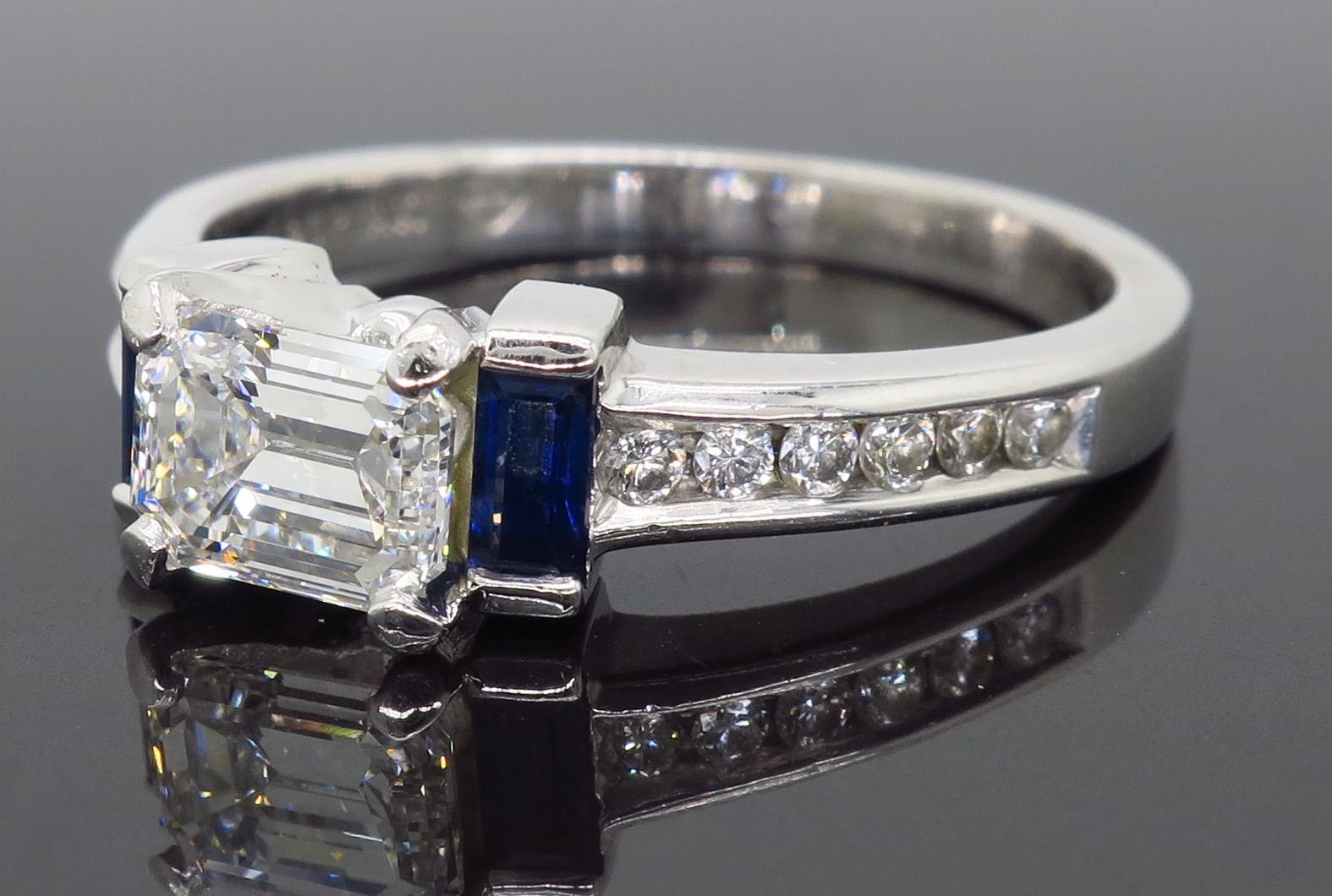 GIA Certified Emerald Cut Diamond and Blue Sapphire Platinum Engagement Ring 2