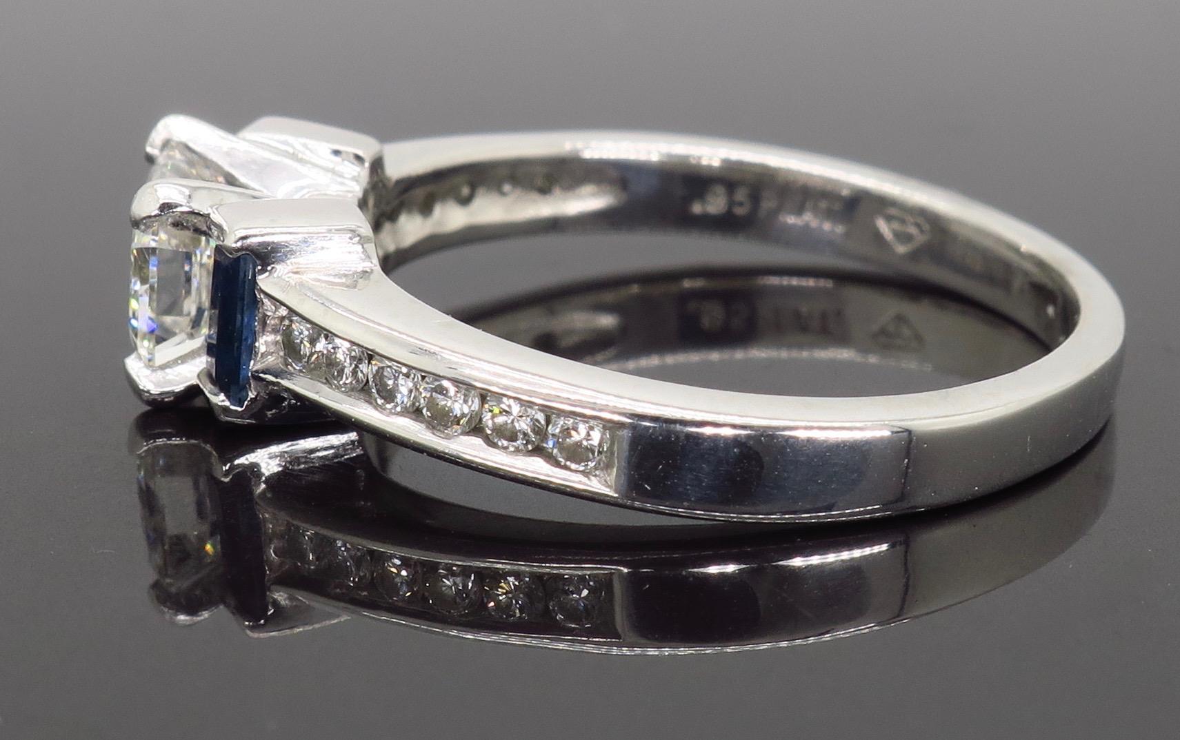 GIA Certified Emerald Cut Diamond and Blue Sapphire Platinum Engagement Ring 3