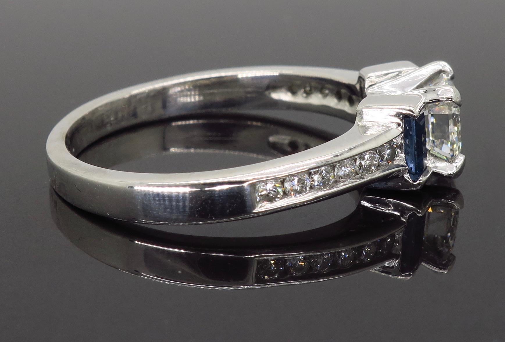 GIA Certified Emerald Cut Diamond and Blue Sapphire Platinum Engagement Ring 5