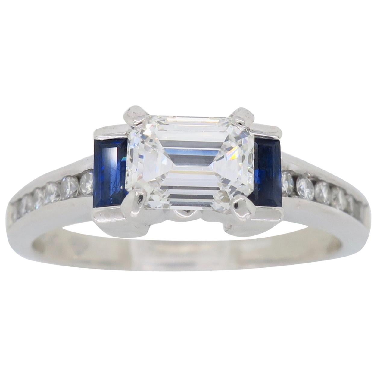 GIA Certified Emerald Cut Diamond and Blue Sapphire Platinum Engagement Ring