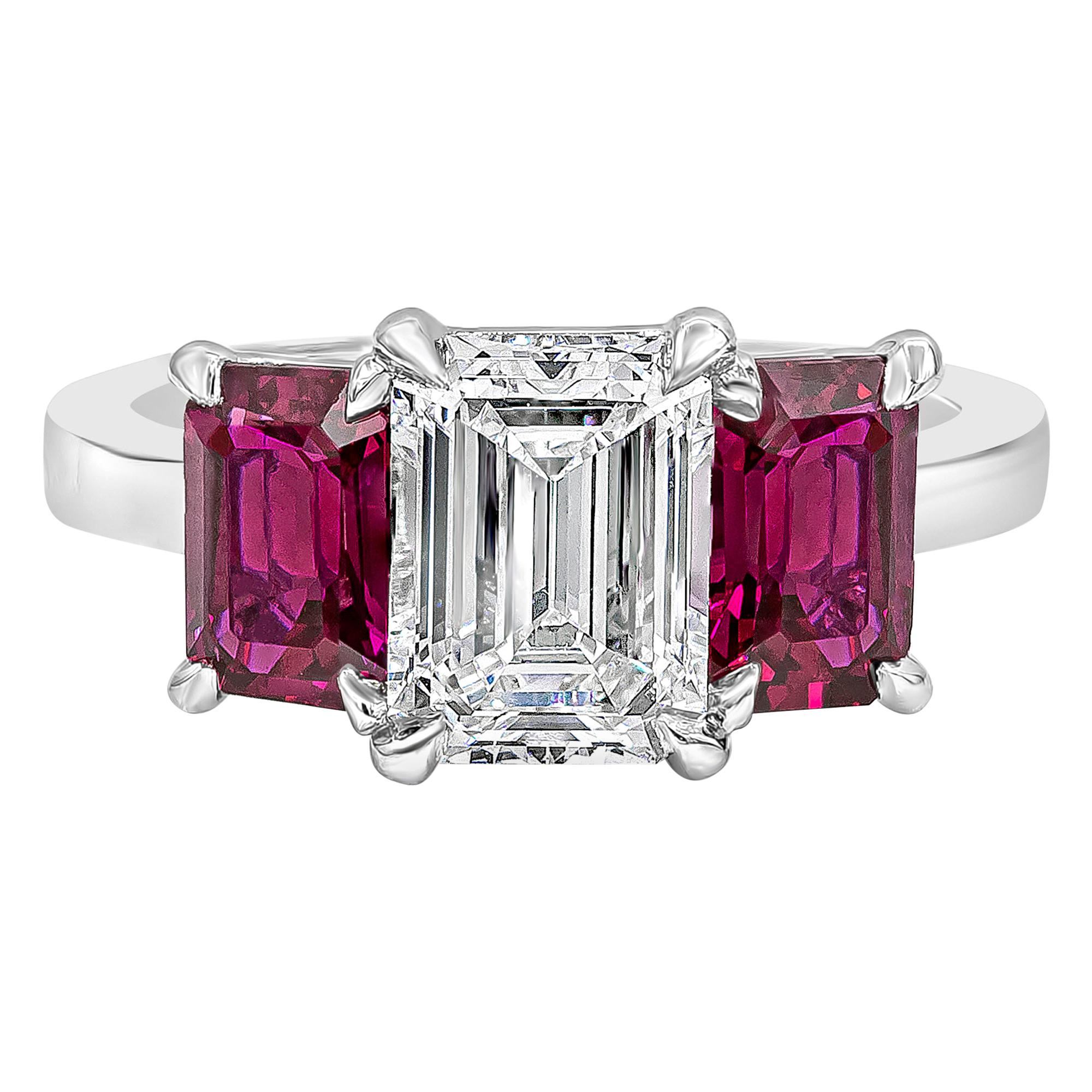 GIA Certified 1.62 Carats Emerald Cut Diamond & Ruby Three-Stone Engagement Ring