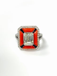 GIA Certified Emerald Cut Diamond, Coral and Onyx Engagement Ring in Platinum