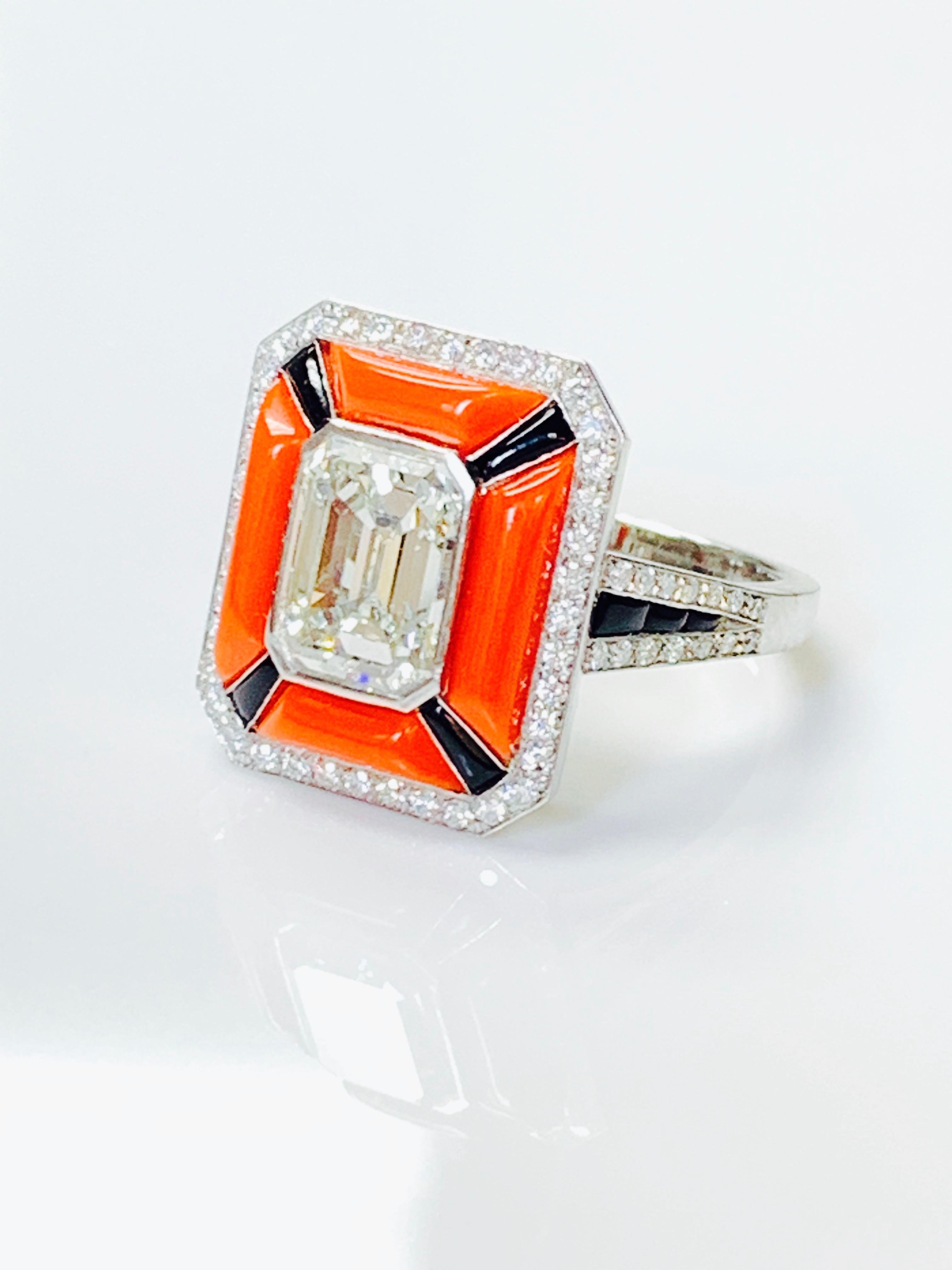 Contemporary GIA Certified Emerald Cut Diamond, Coral and Onyx Engagement Ring in Platinum For Sale