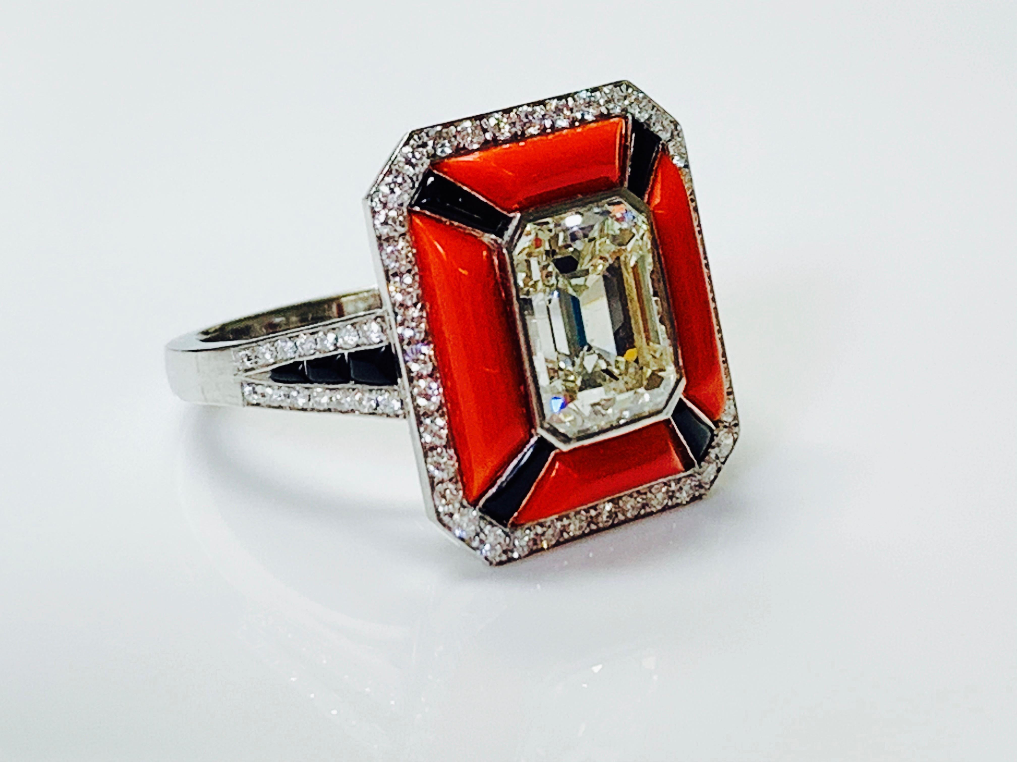 GIA Certified Emerald Cut Diamond, Coral and Onyx Engagement Ring in Platinum In New Condition For Sale In New York, NY