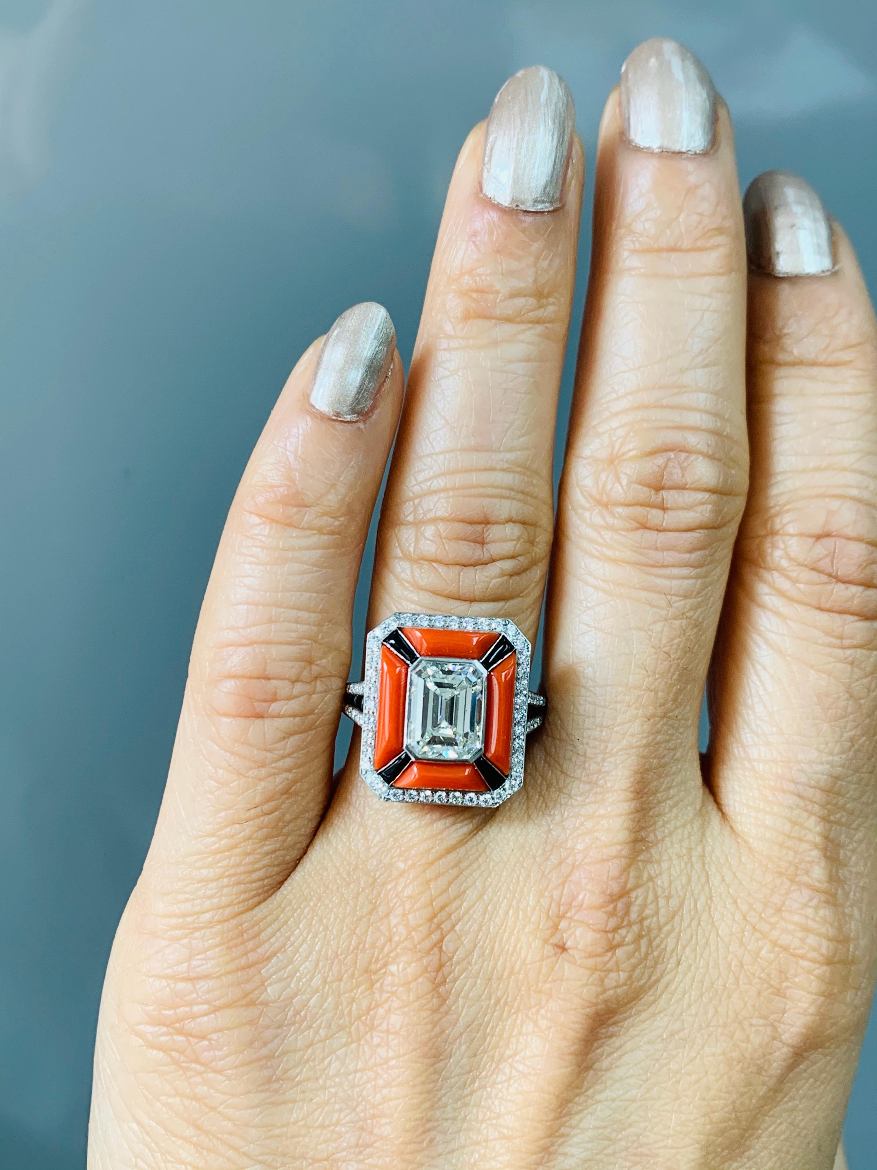 Women's GIA Certified Emerald Cut Diamond, Coral and Onyx Engagement Ring in Platinum For Sale