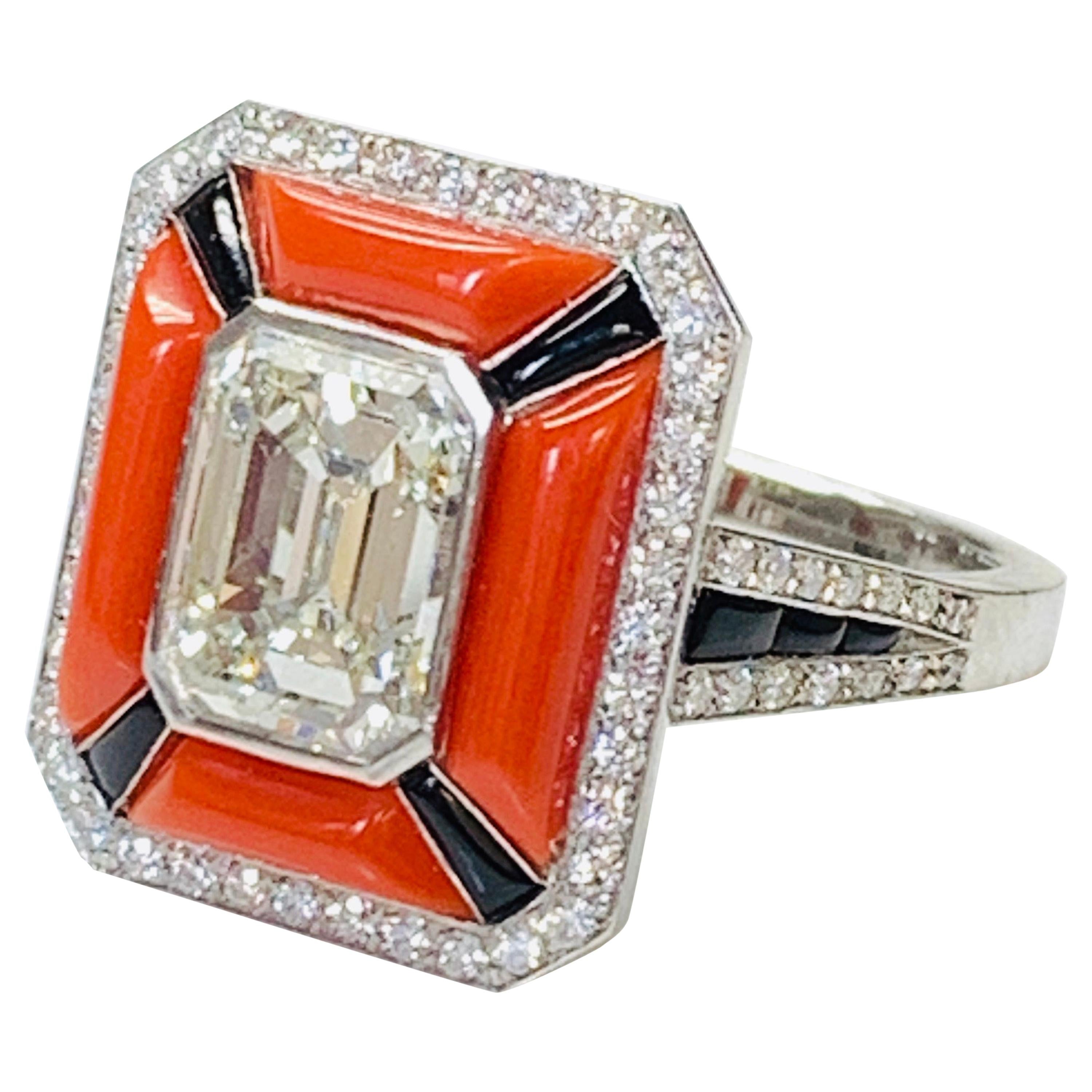 GIA Certified Emerald Cut Diamond, Coral and Onyx Engagement Ring in Platinum For Sale