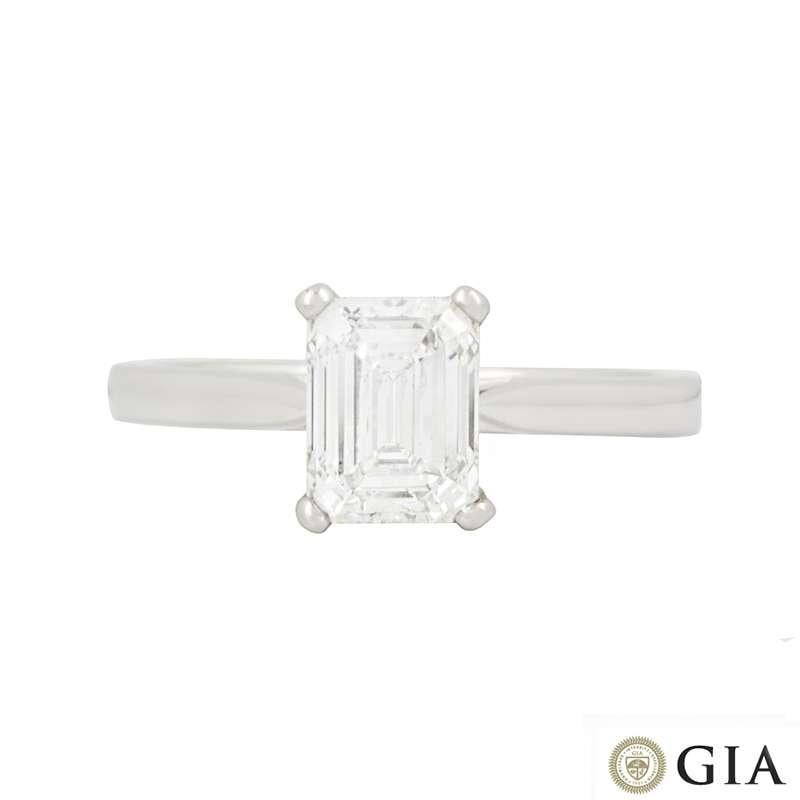 An 18k white gold emerald cut diamond ring. The ring is set to the centre with a stunning 1.50ct emerald cut diamond, G colour and VS1 in clarity set within a four claw setting. The 2mm ring is currently a size UK M, EU 52 and US 6½ but can be