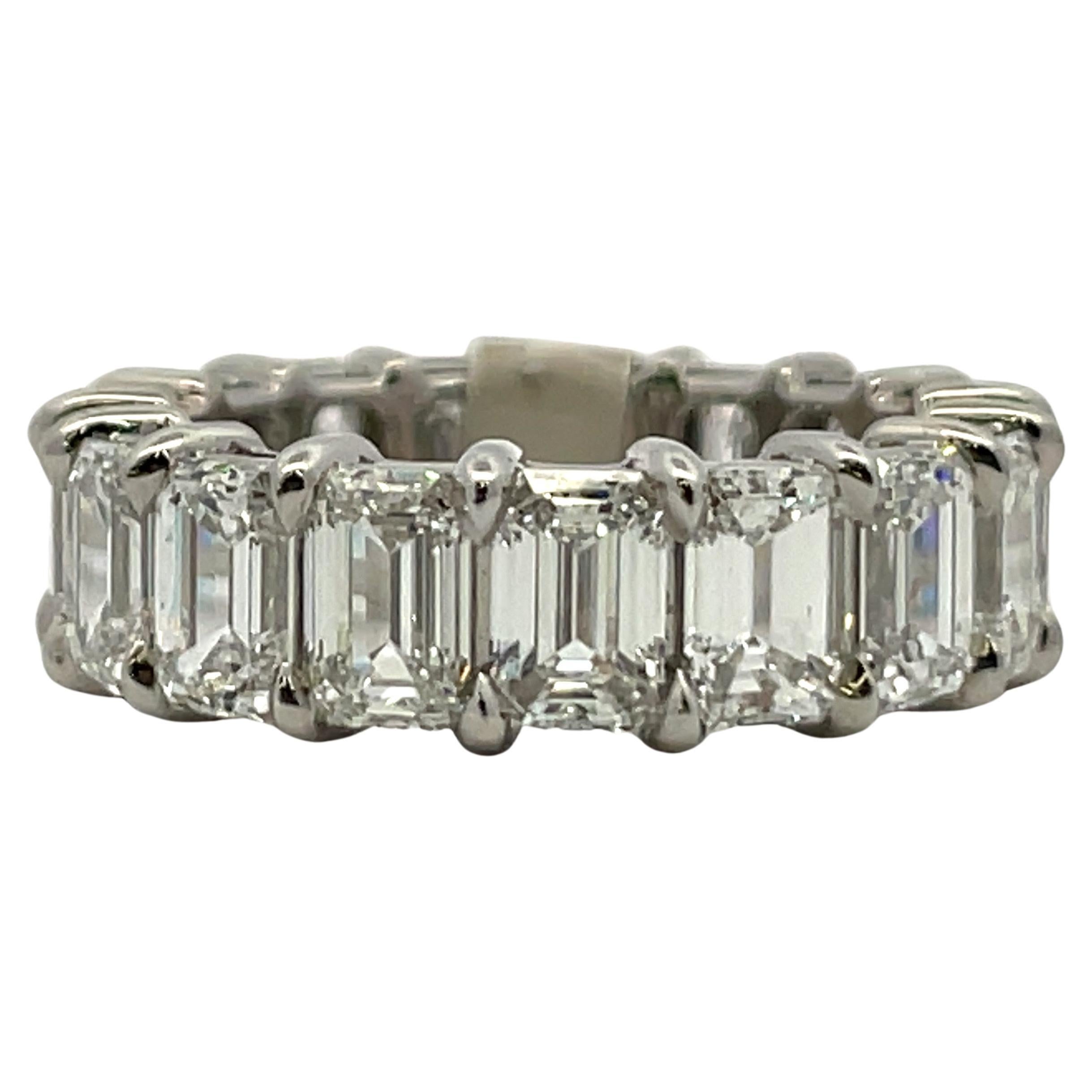 Superb GIA Certified Eternity Ring featuring 17 Emerald Cut Diamonds weighing 8.77 Carats, crafted in Platinum.  
Average 0.52 points 
Very Good-Excellent Cuts
No Fluorescence 
All diamonds are GIA Certified with gradings from D-F Color, IF-VS2