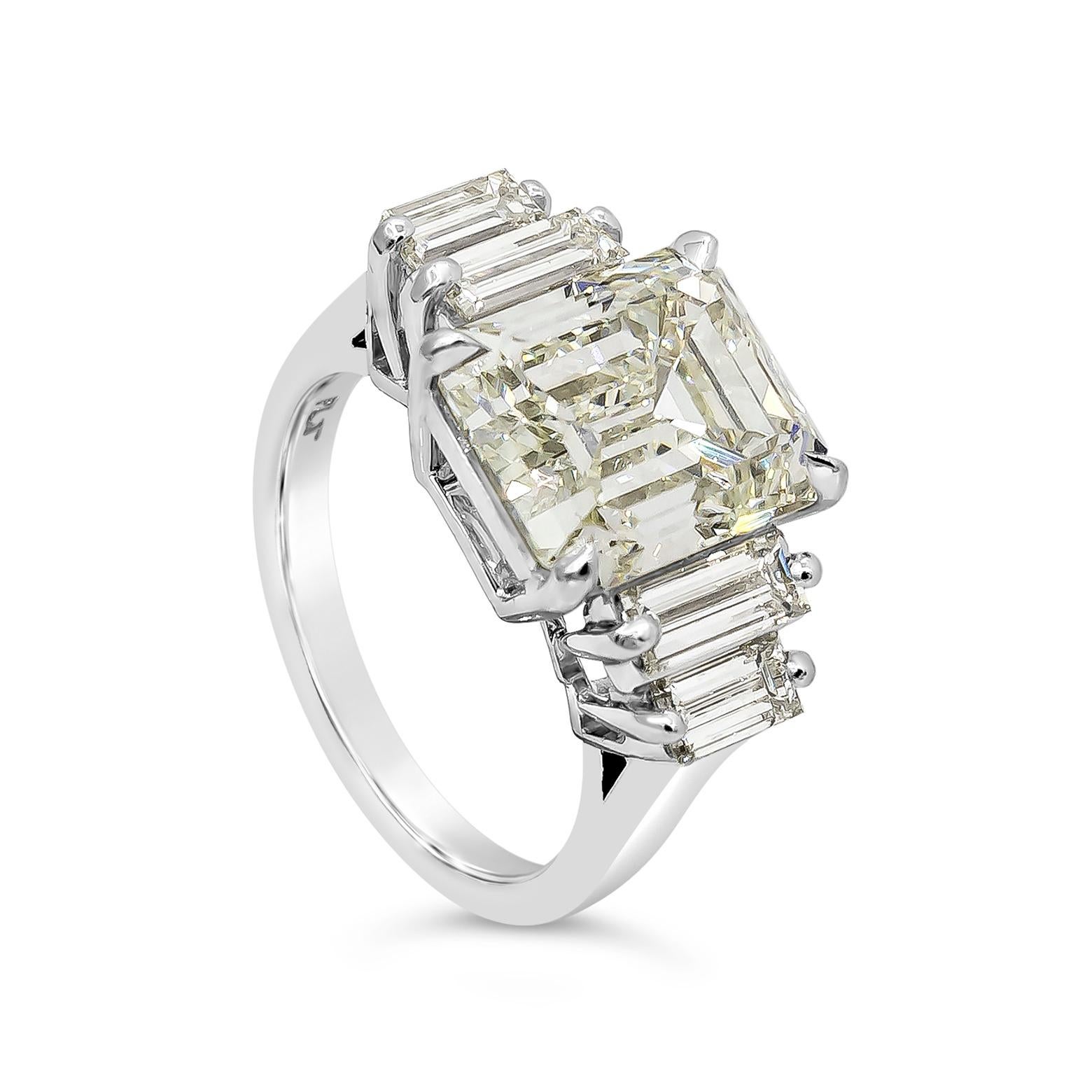 GIA Certified 5.82 Carats Emerald Cut Diamond Five-Stone Engagement Ring In New Condition For Sale In New York, NY
