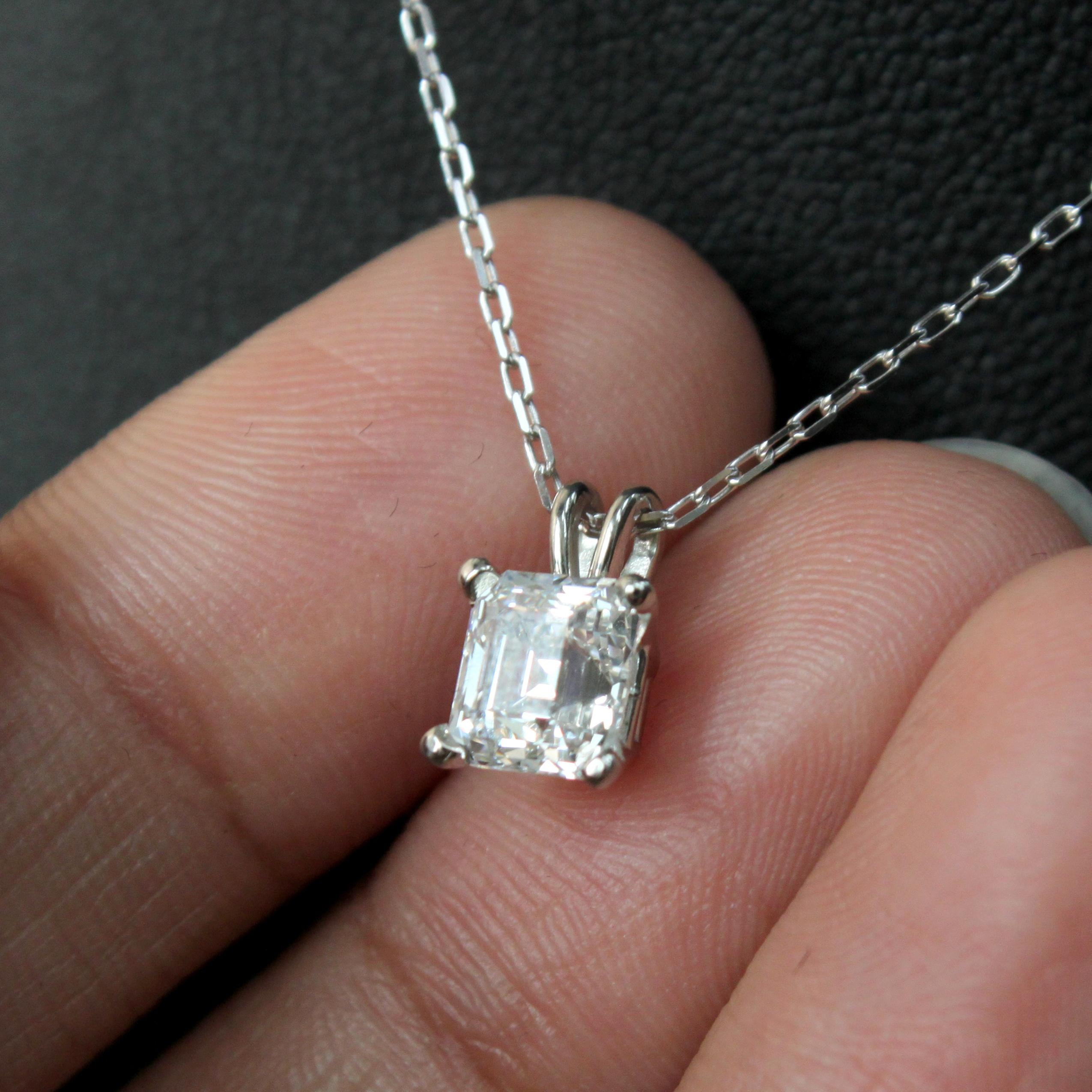 Women's or Men's GIA Certified Emerald Cut Diamond Pendant in 18K white gold For Sale