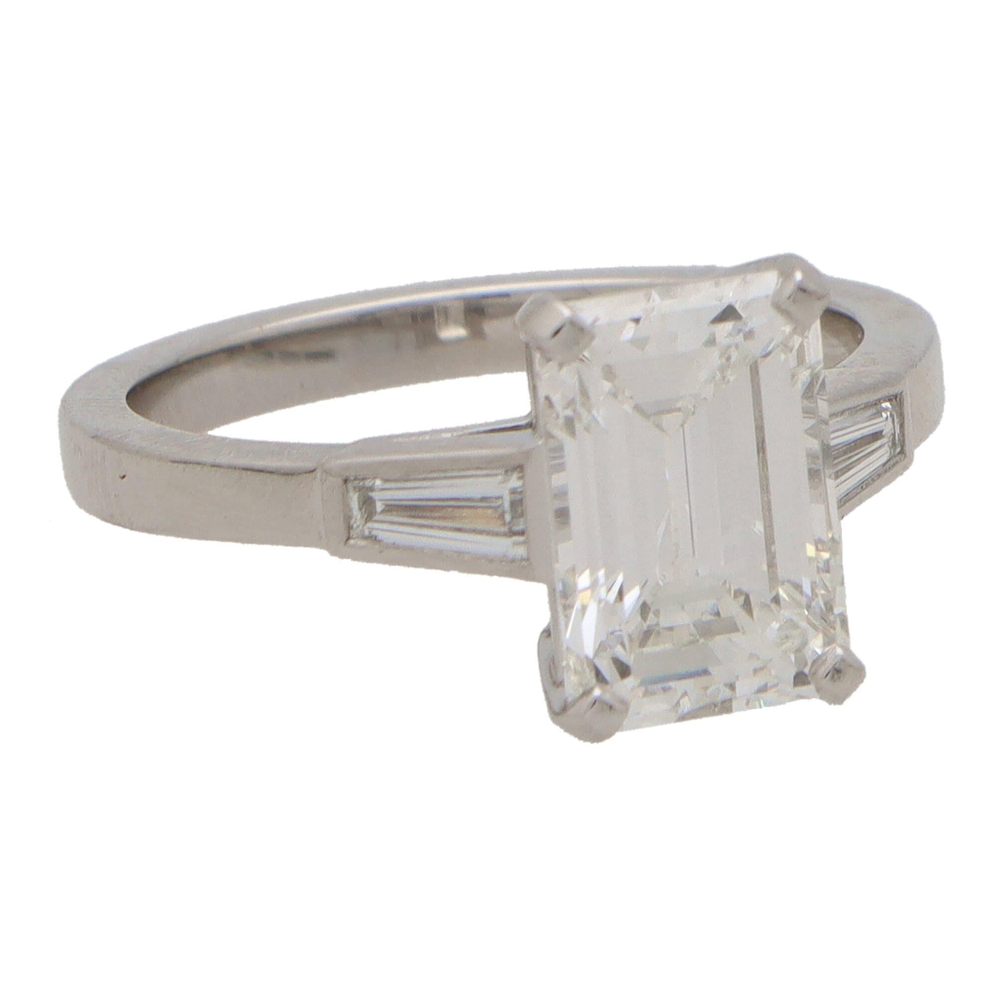 Modern GIA Certified Emerald Cut Diamond Ring Set in Platinum For Sale